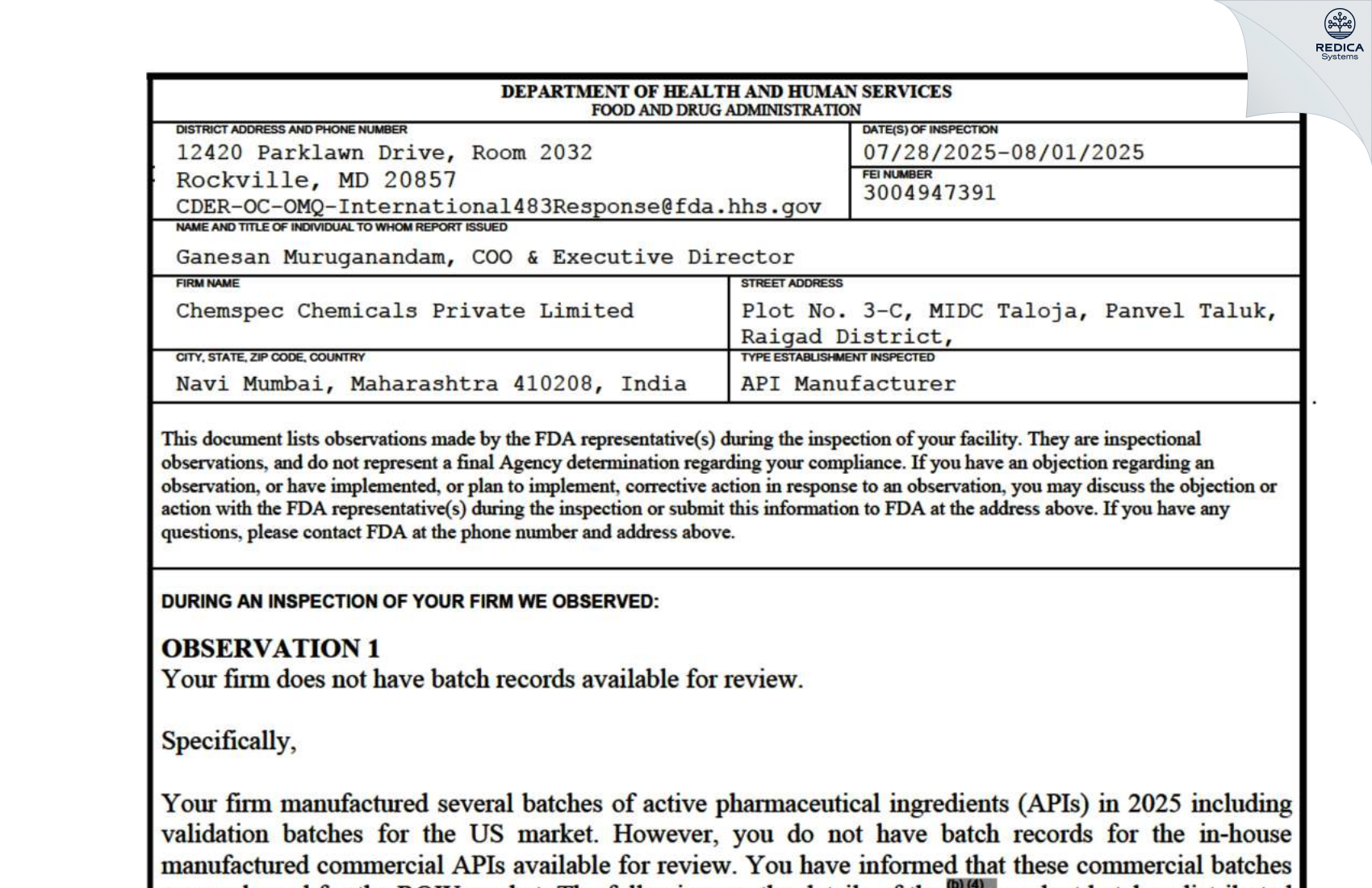 FDA 483 - APL HEALTHCARE LIMITED [Balayapalle / India] - Download PDF - Redica Systems