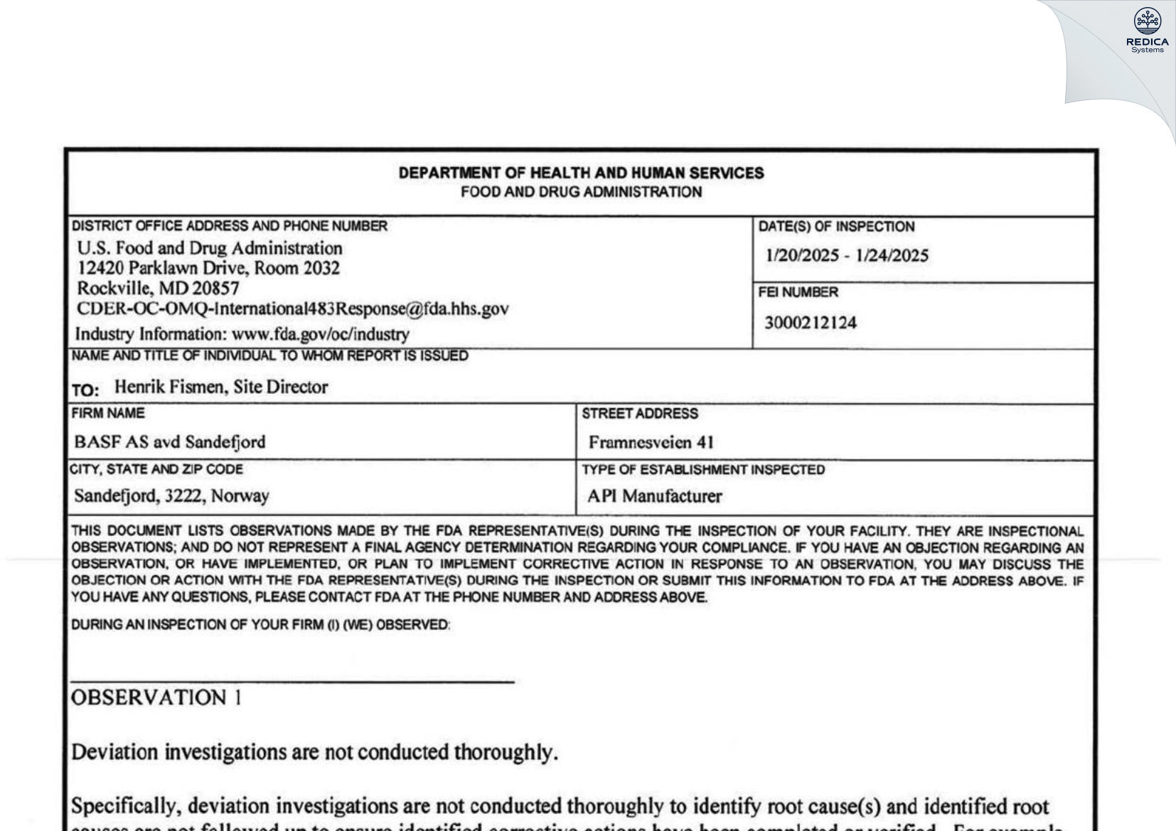 FDA 483 - BASF AS avd Sandefjord [Sandefjord / Norway] - Download PDF - Redica Systems