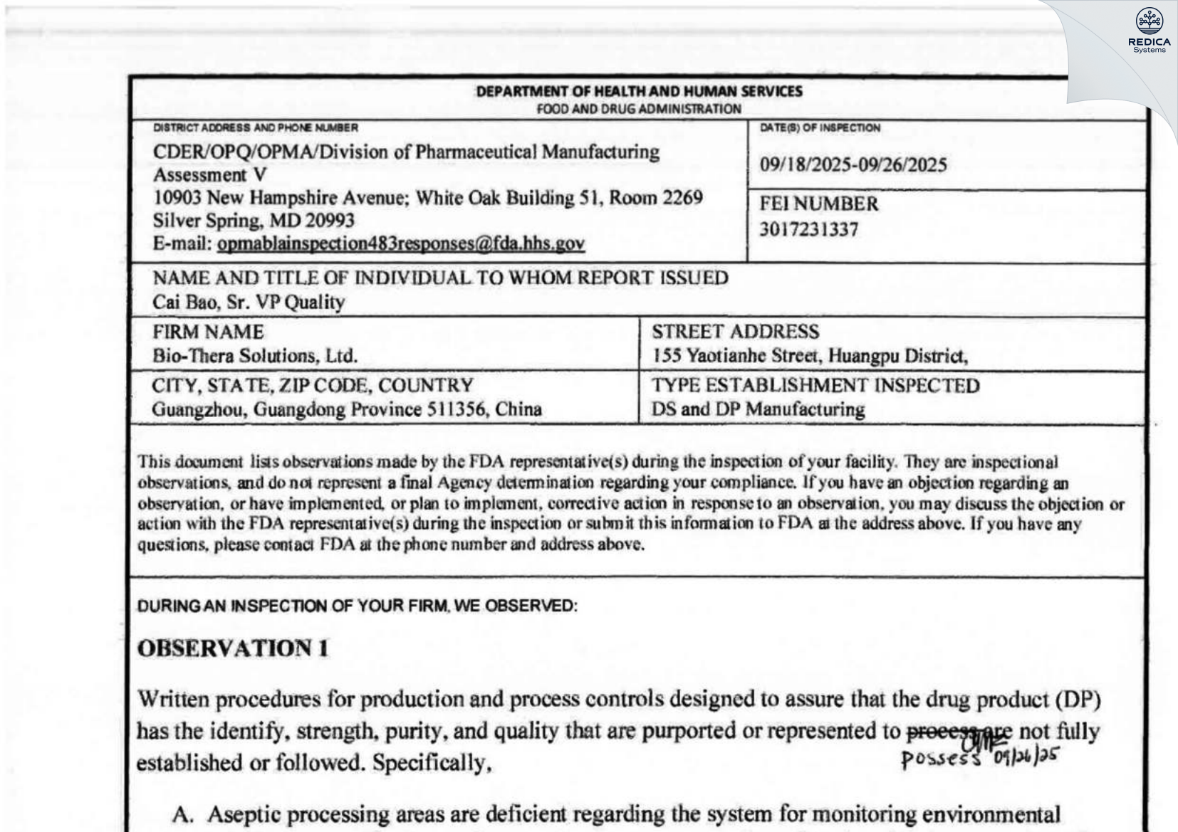 FDA 483 - Bio-Thera Solutions, Ltd. [Huangpu / China] - Download PDF - Redica Systems