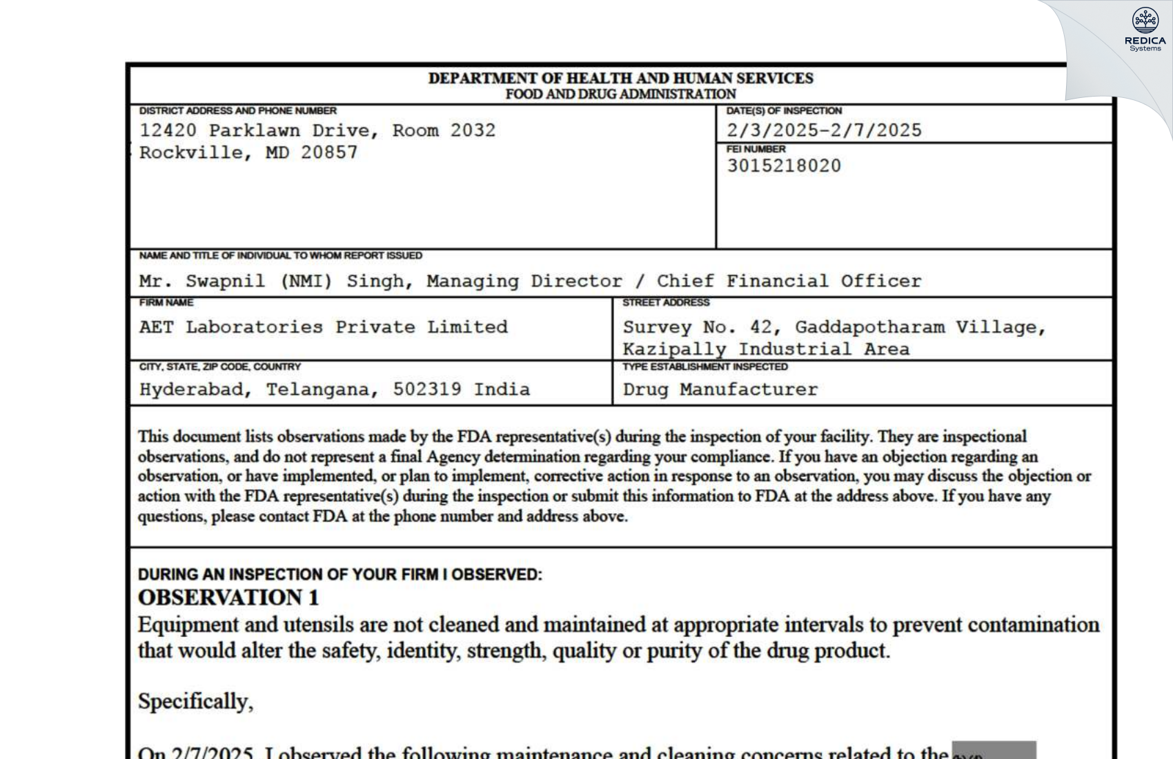 FDA 483 - AET Laboratories Private Limited [Patancheru / India] - Download PDF - Redica Systems