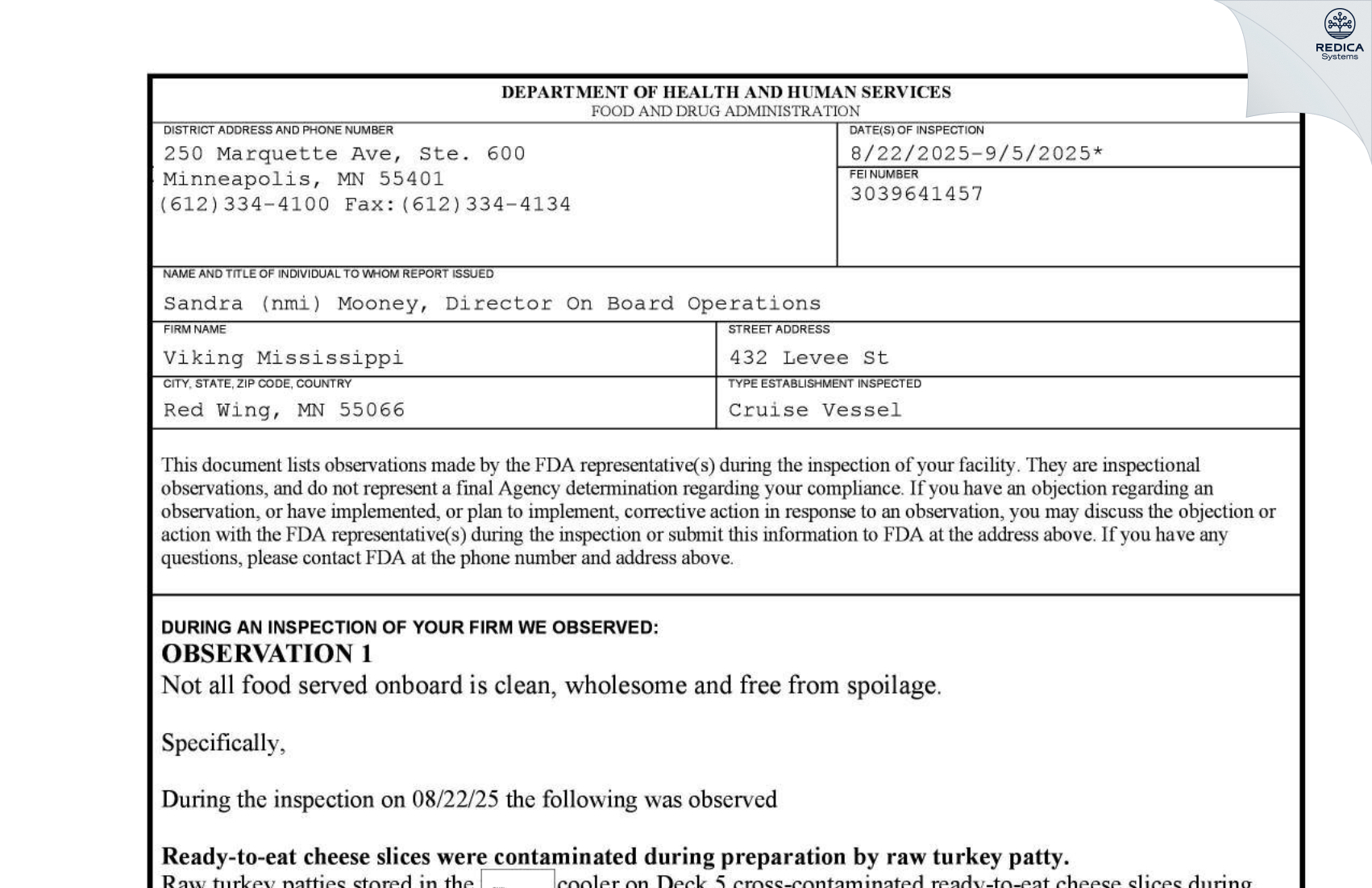FDA 483 - Viking Mississippi [Red Wing / United States of America] - Download PDF - Redica Systems