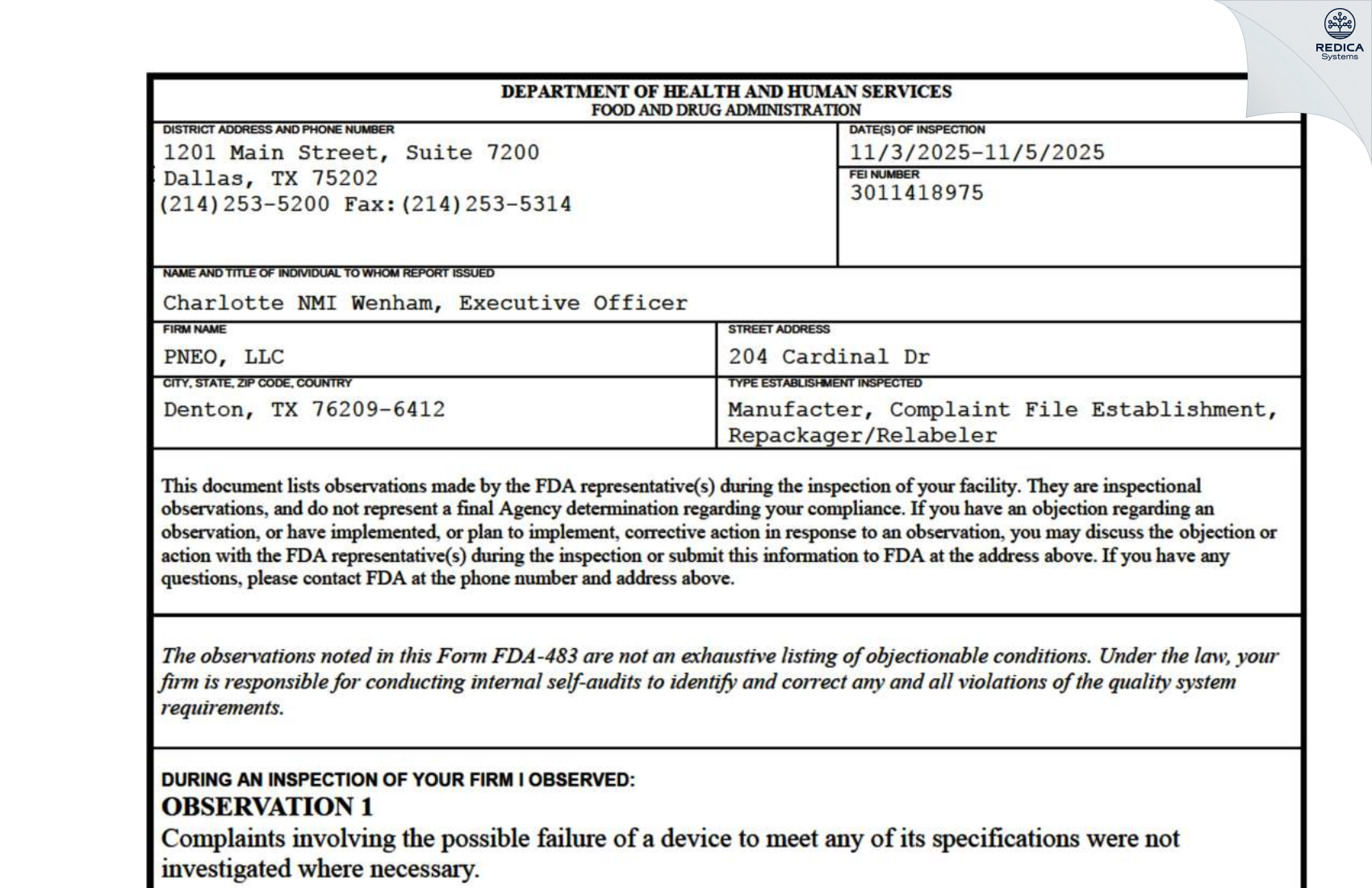 FDA 483 - PNEO, LLC [Azle / United States of America] - Download PDF - Redica Systems