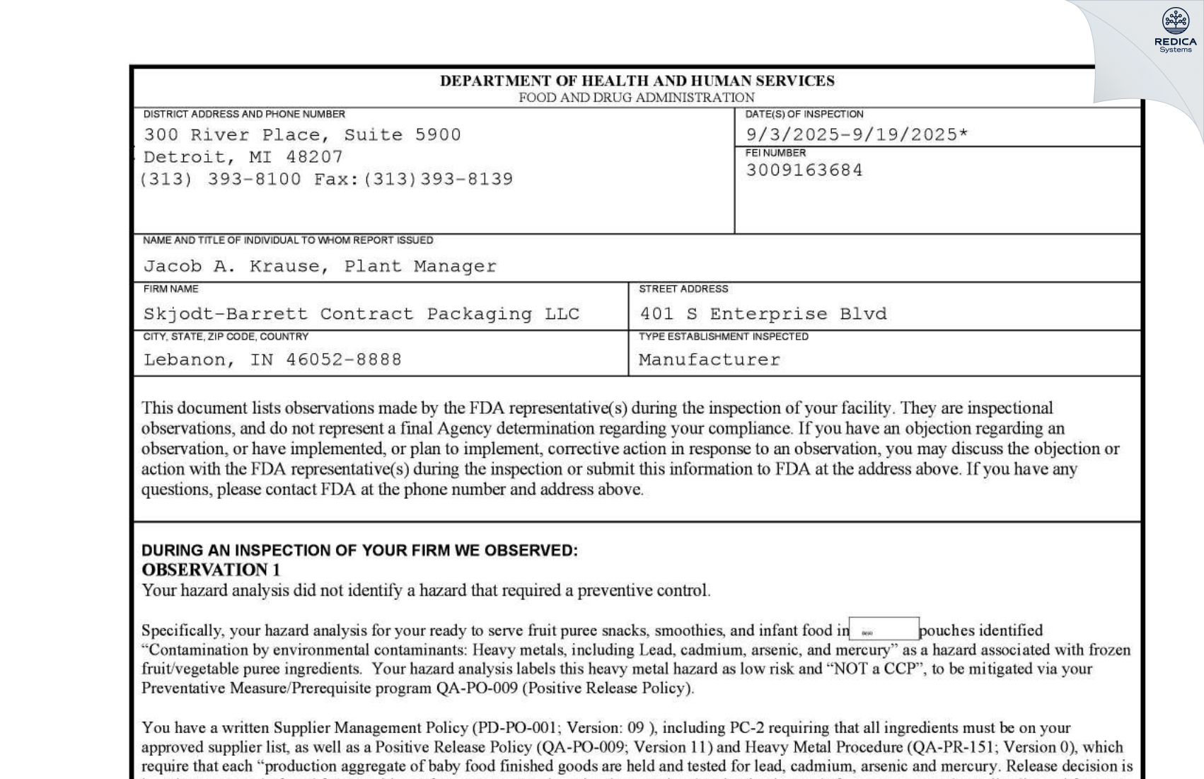 FDA 483 - Skjodt-Barrett Contract Packaging LLC [Lebanon / United States of America] - Download PDF - Redica Systems