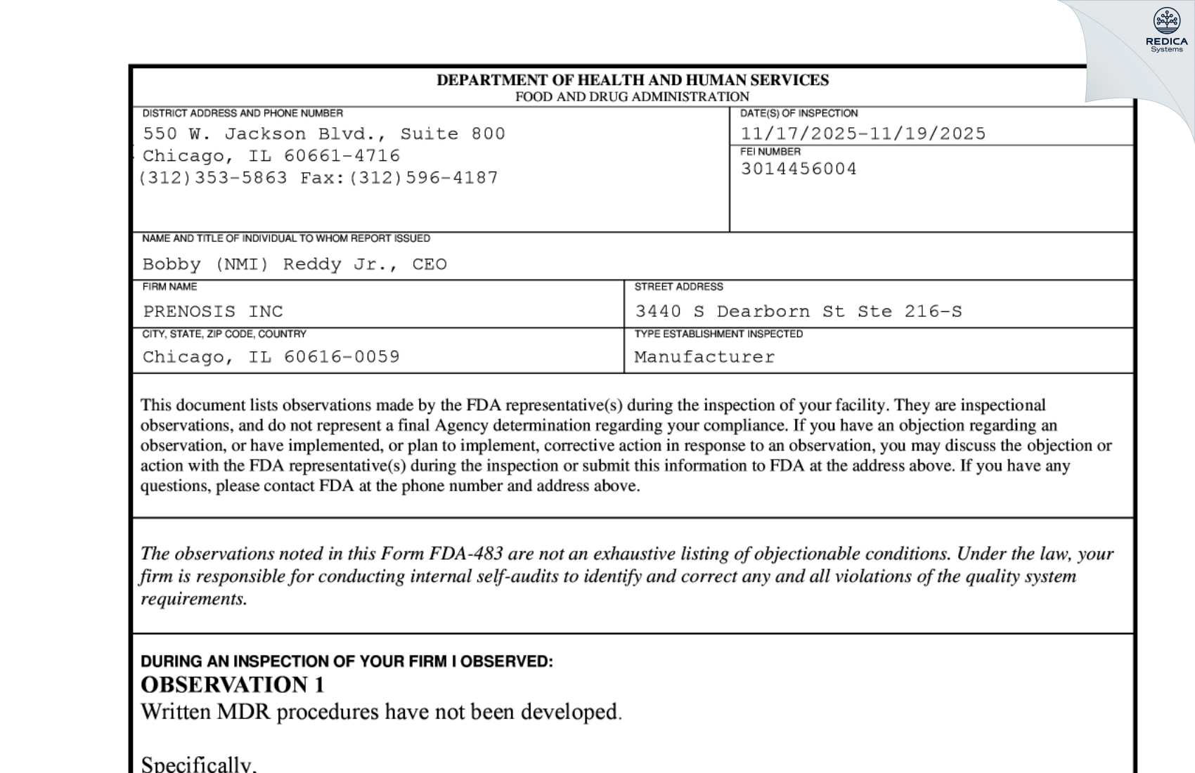 FDA 483 - PRENOSIS, INC. [Chicago / United States of America] - Download PDF - Redica Systems