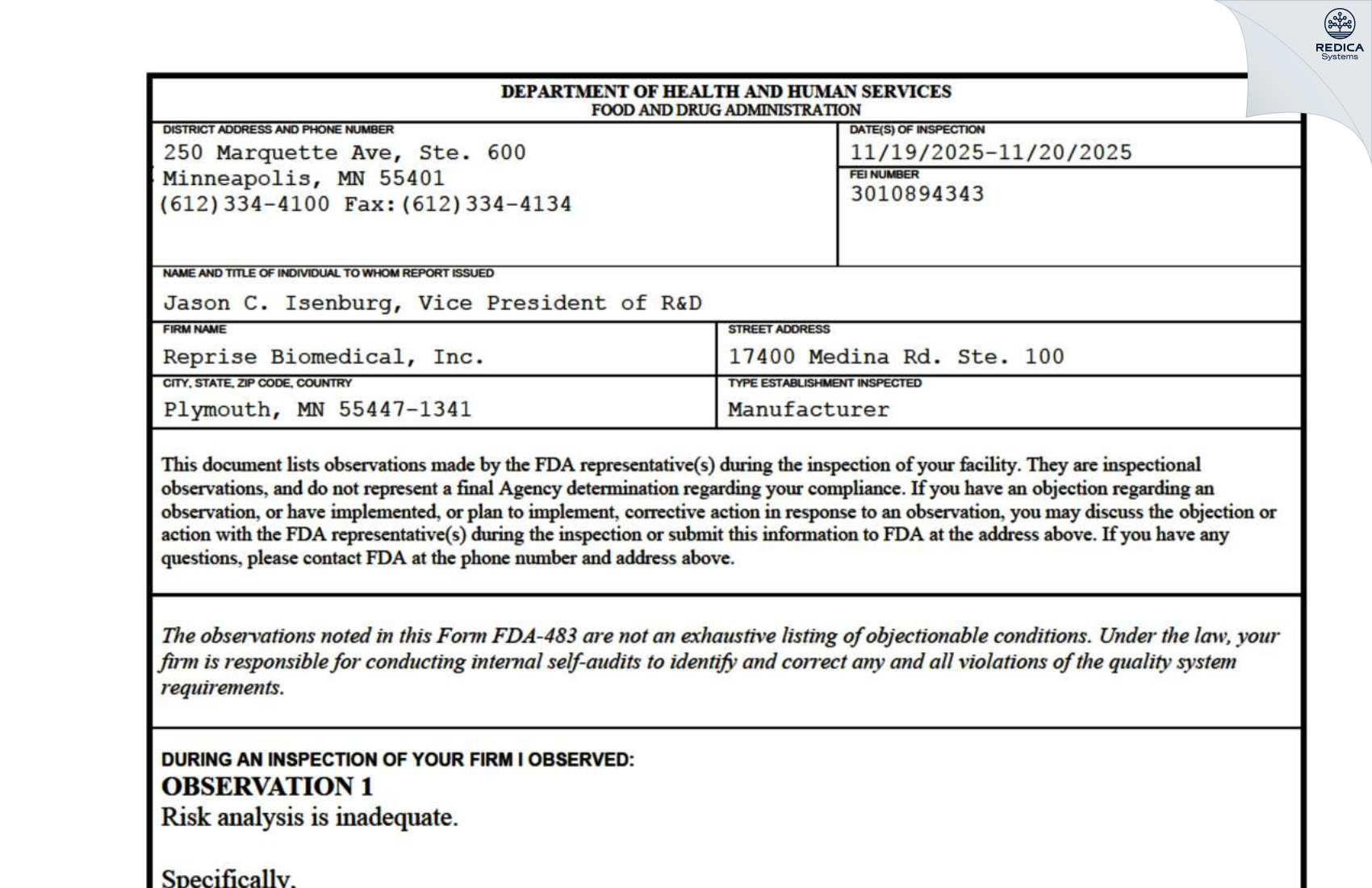 FDA 483 - Reprise Biomedical, Inc. [Minneapolis / United States of America] - Download PDF - Redica Systems