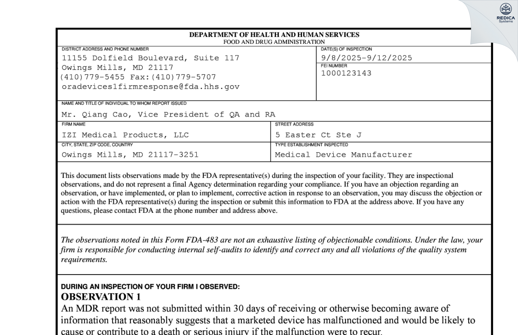 FDA 483 - IZI Medical Products, LLC [Owings Mills / United States of America] - Download PDF - Redica Systems