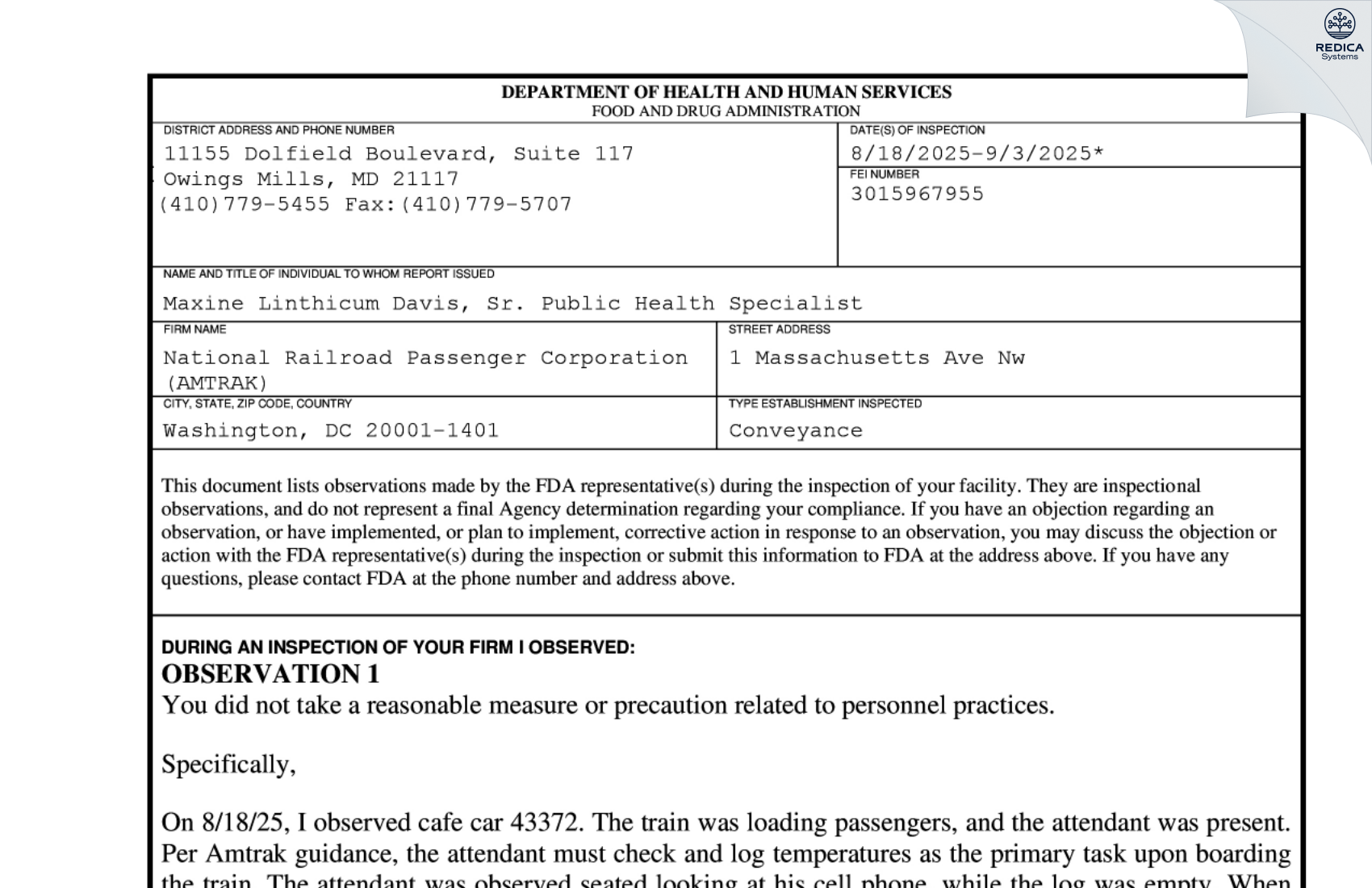 FDA 483 - National Railroad Passenger Corporation (AMTRAK) [Washington / United States of America] - Download PDF - Redica Systems