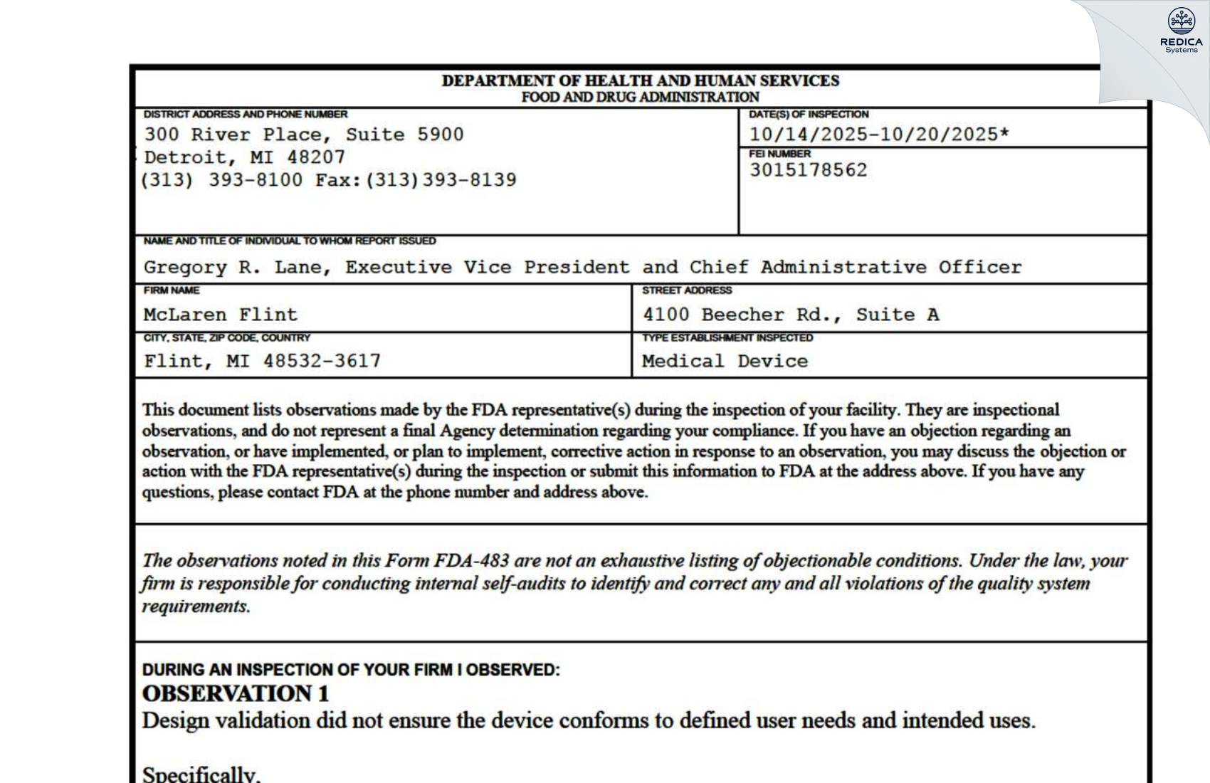 FDA 483 - McLaren Health Care [Flint / United States of America] - Download PDF - Redica Systems