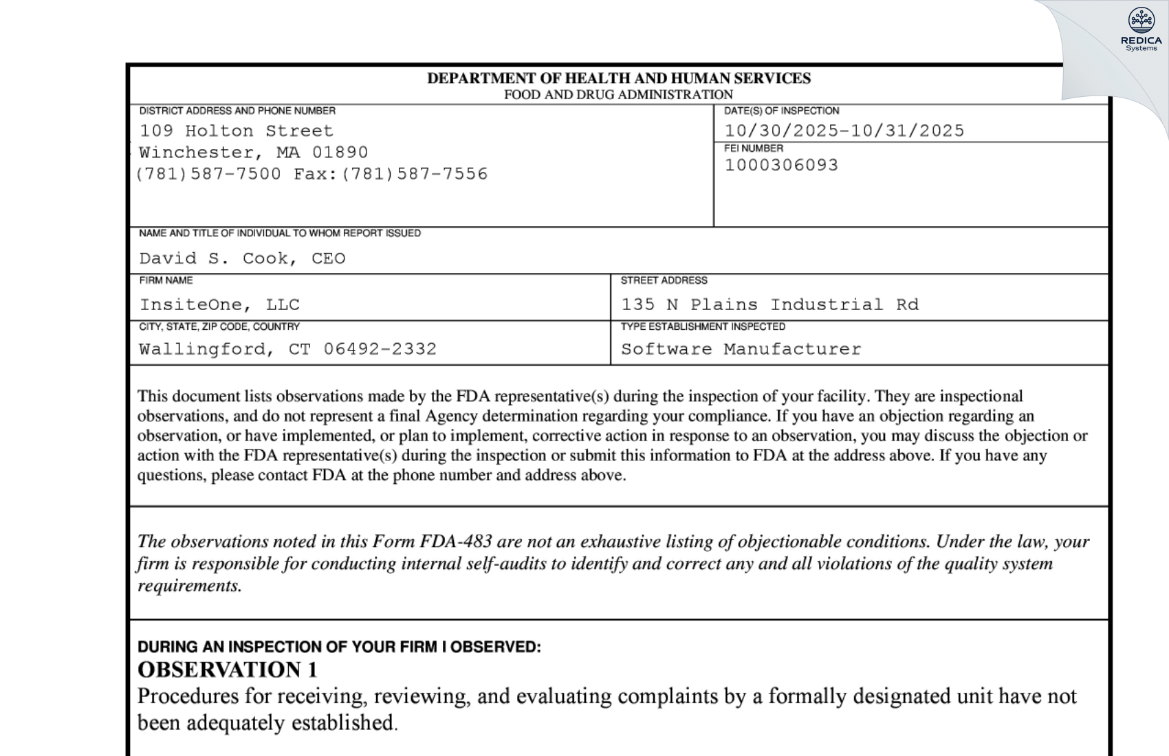 FDA 483 - Brit Systems [Dallas / United States of America] - Download PDF - Redica Systems