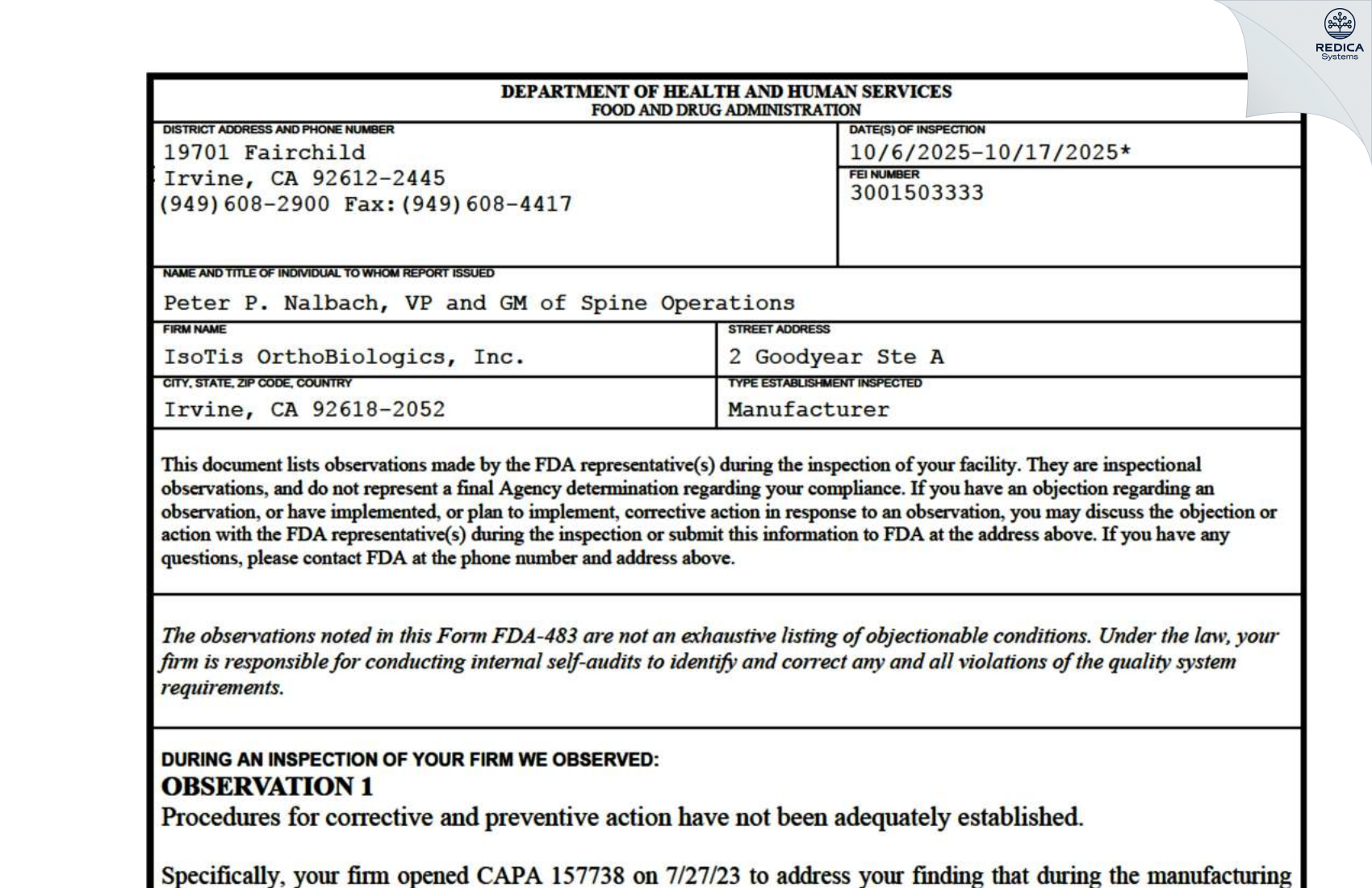 FDA 483 - IsoTis OrthoBiologics, Inc. [Irvine / United States of America] - Download PDF - Redica Systems