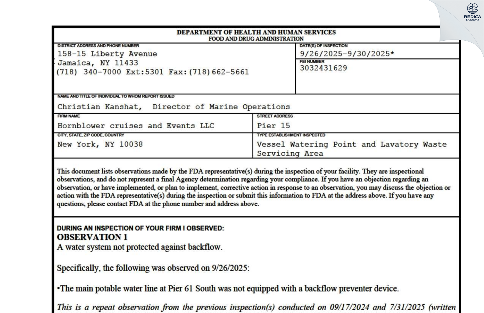 FDA 483 - Hornblower cruises and Events LLC [New York / United States of America] - Download PDF - Redica Systems
