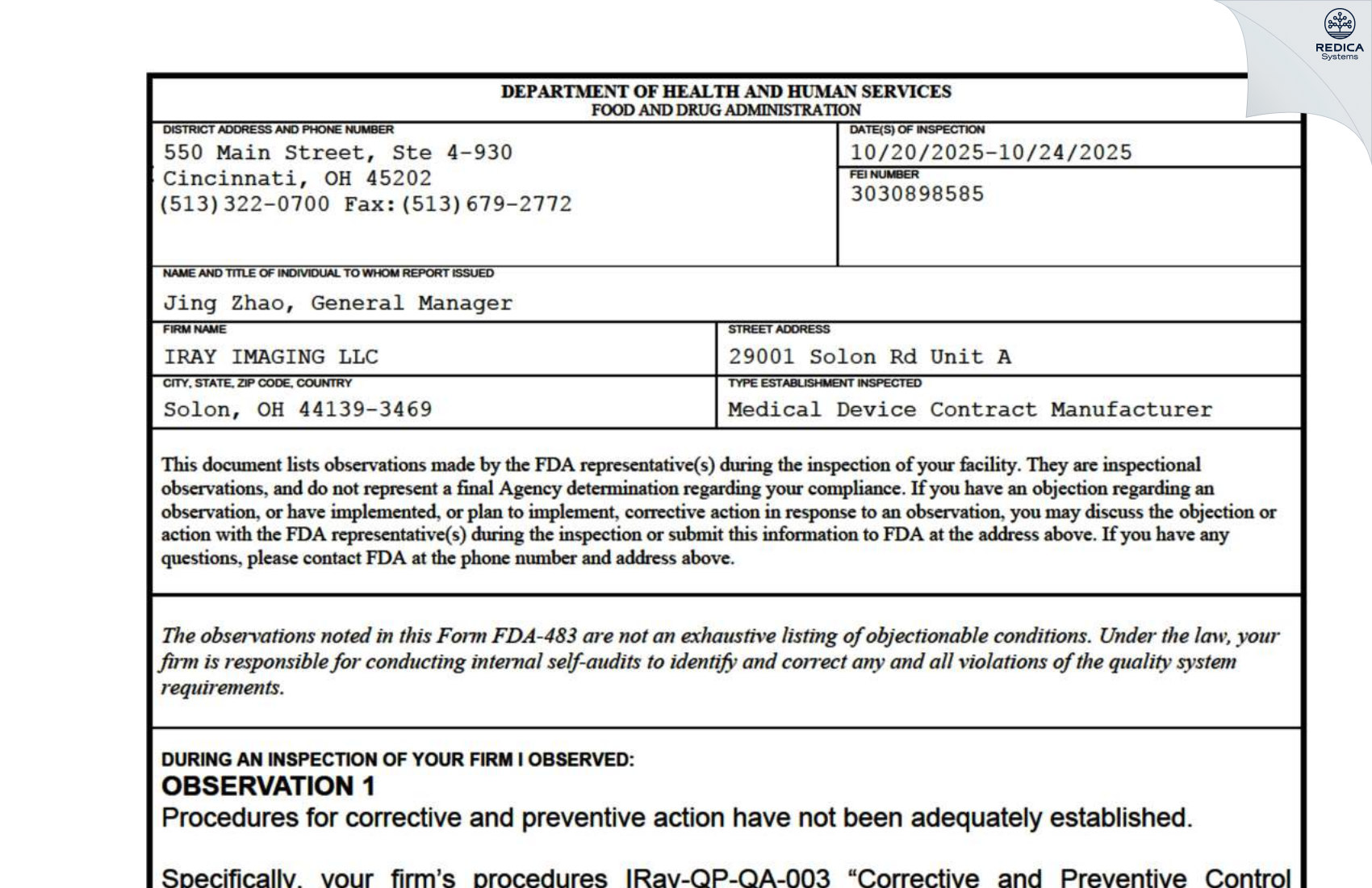FDA 483 - IRAY IMAGING LLC [Solon / United States of America] - Download PDF - Redica Systems