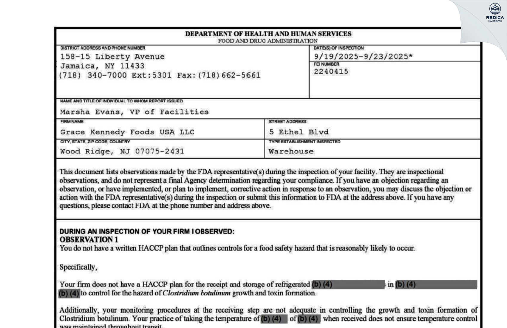 FDA 483 - Grace Kennedy Foods USA LLC [Wood Ridge / United States of America] - Download PDF - Redica Systems