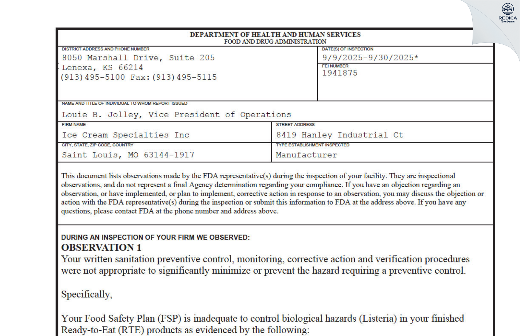 FDA 483 - Ice Cream Specialties Inc [Saint Louis / United States of America] - Download PDF - Redica Systems