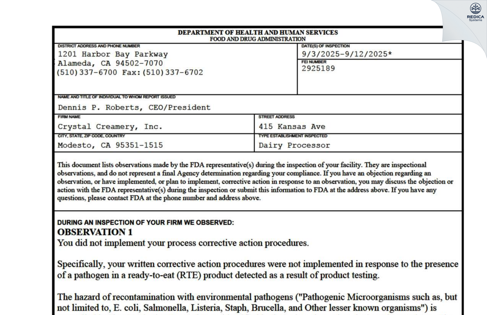 FDA 483 - Crystal Creamery Inc. [Modesto / United States of America] - Download PDF - Redica Systems