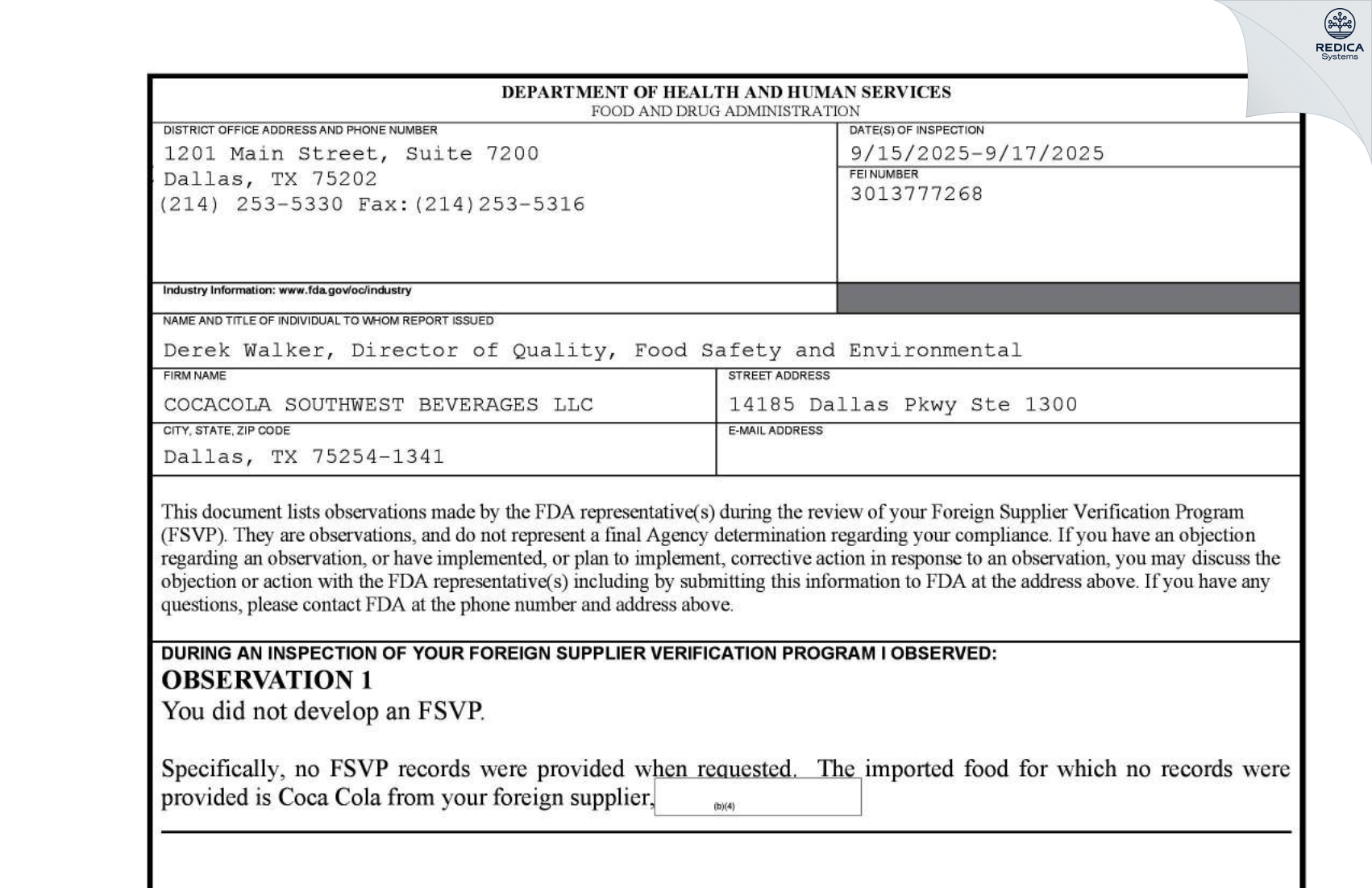 FDA 483 - COCACOLA SOUTHWEST BEVERAGES LLC [Dallas / United States of America] - Download PDF - Redica Systems