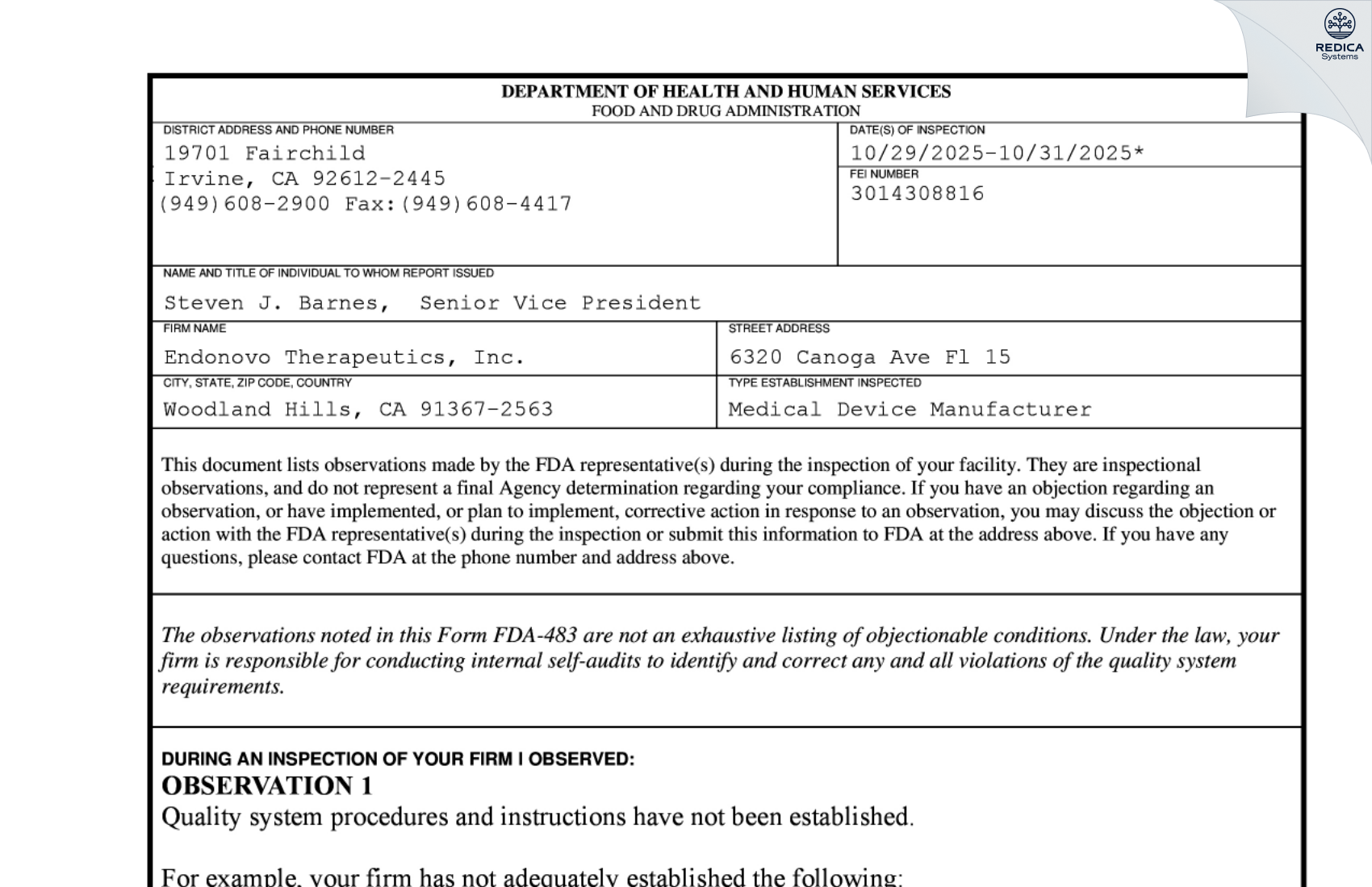FDA 483 - Endonovo Therapeutics, Inc. [Woodland Hills / United States of America] - Download PDF - Redica Systems