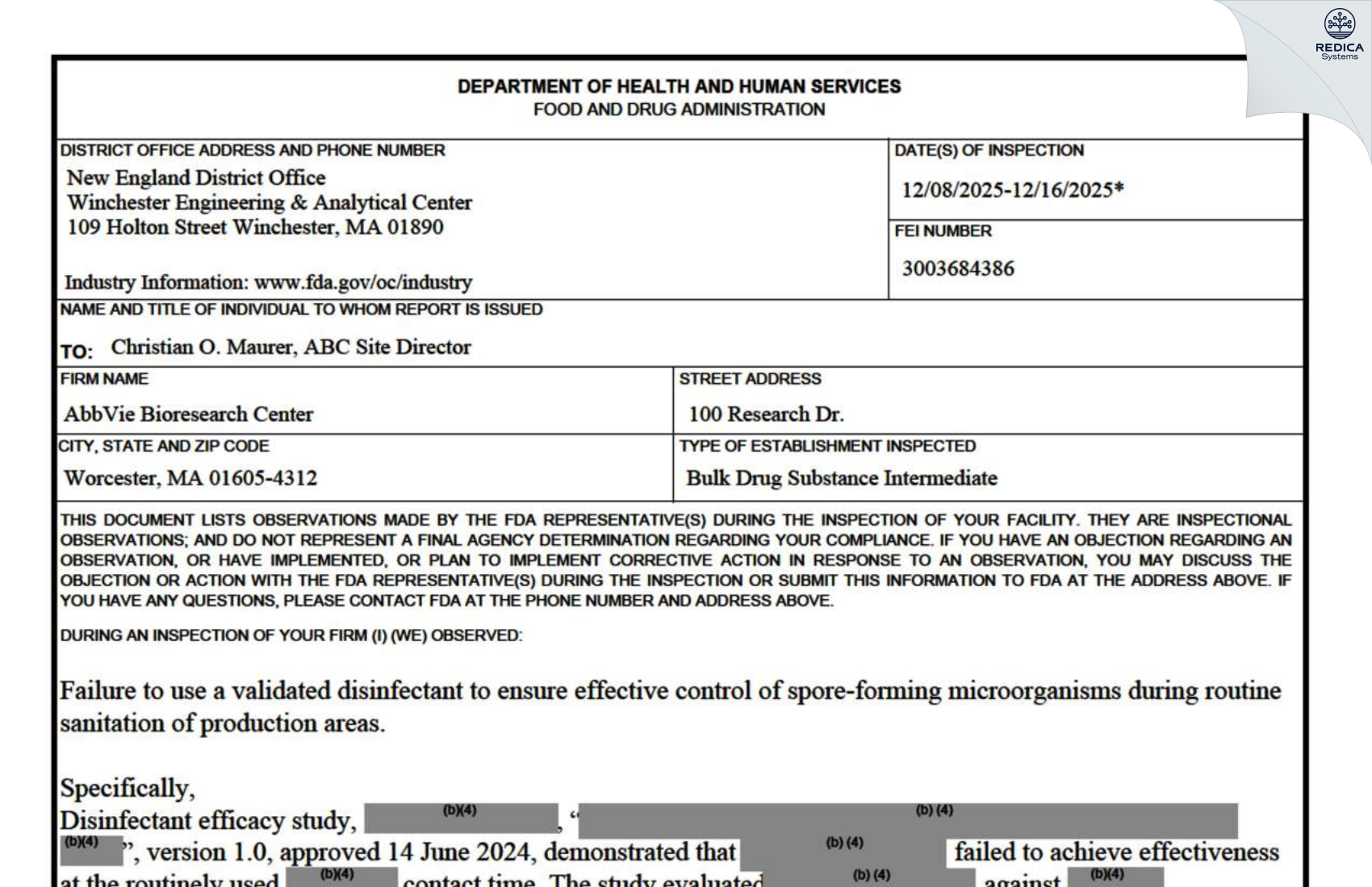 FDA 483 - AbbVie Bioresearch Center [Worcester / United States of America] - Download PDF - Redica Systems