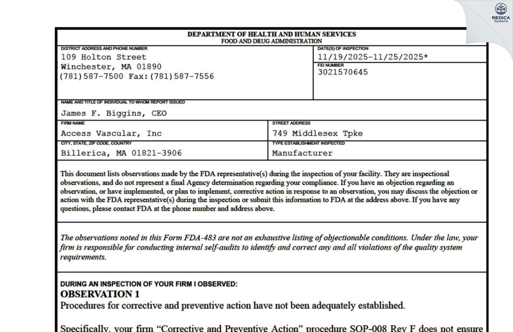 FDA 483 - Access Vascular, Inc [Billerica / United States of America] - Download PDF - Redica Systems