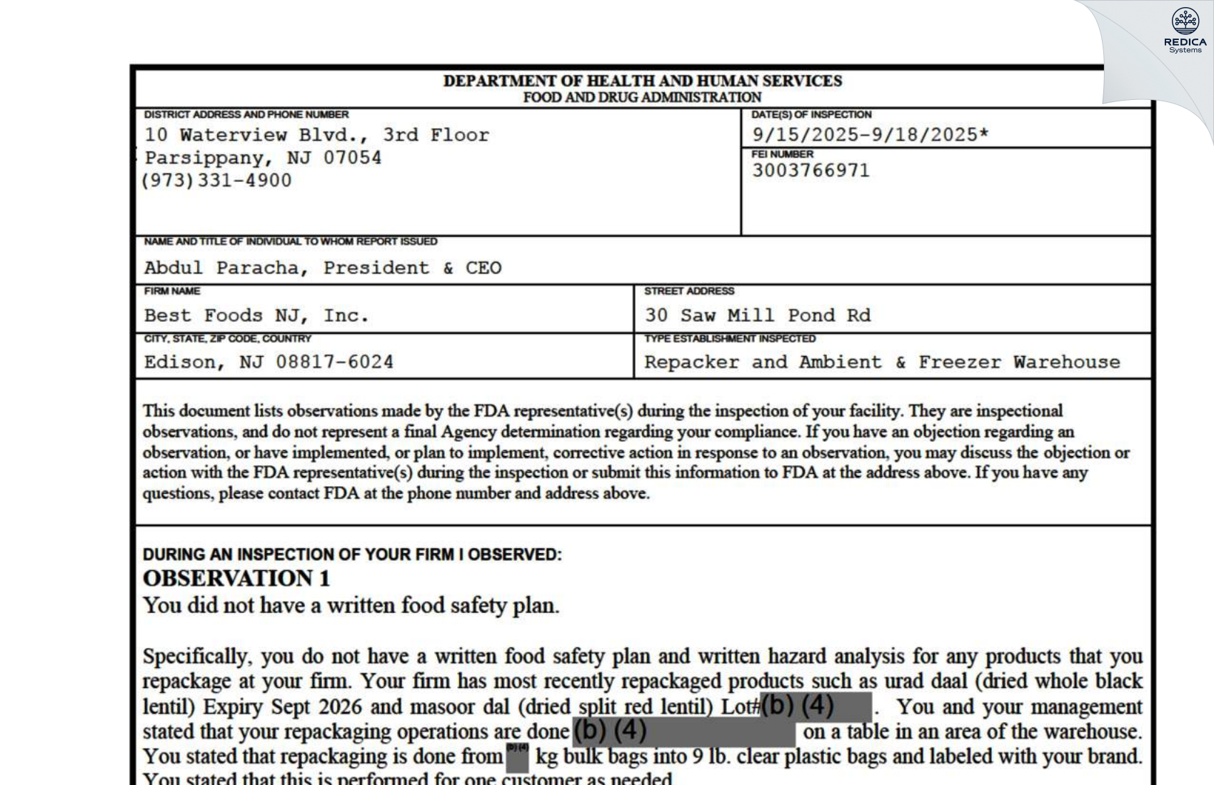FDA 483 - Best Foods NJ, Inc. [Edison / United States of America] - Download PDF - Redica Systems