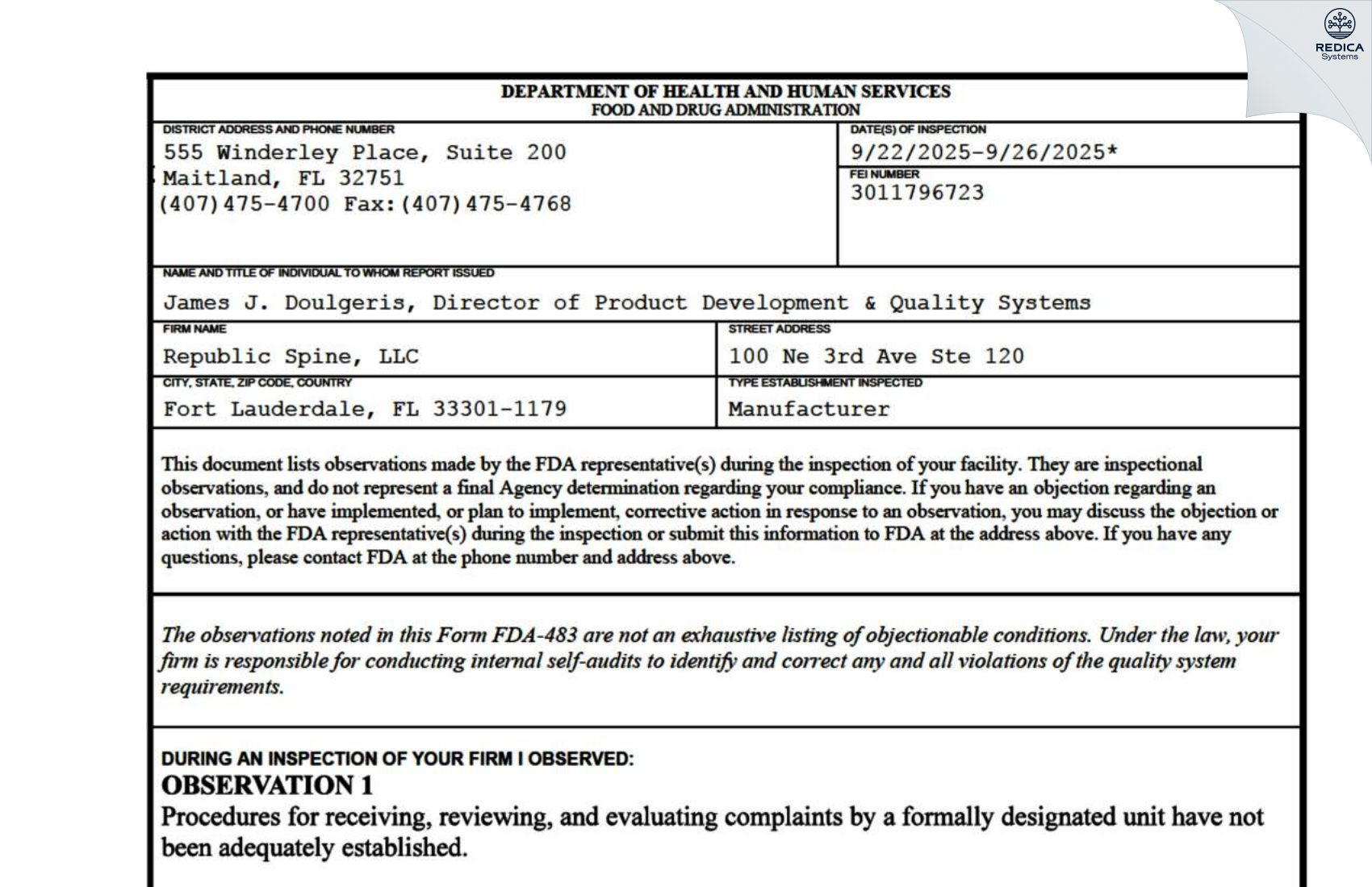 FDA 483 - Republic Spine, LLC [Boca Raton / United States of America] - Download PDF - Redica Systems