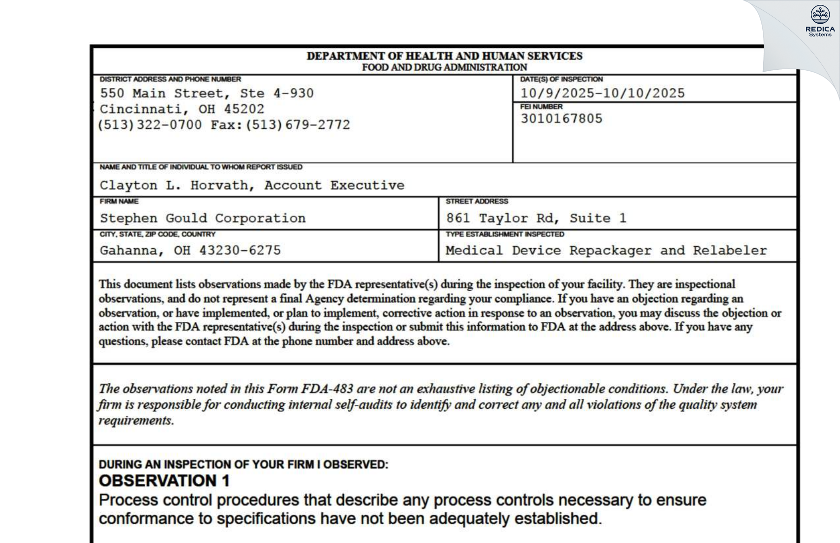 FDA 483 - STEPHEN GOULD CORPORATION [Columbus / United States of America] - Download PDF - Redica Systems