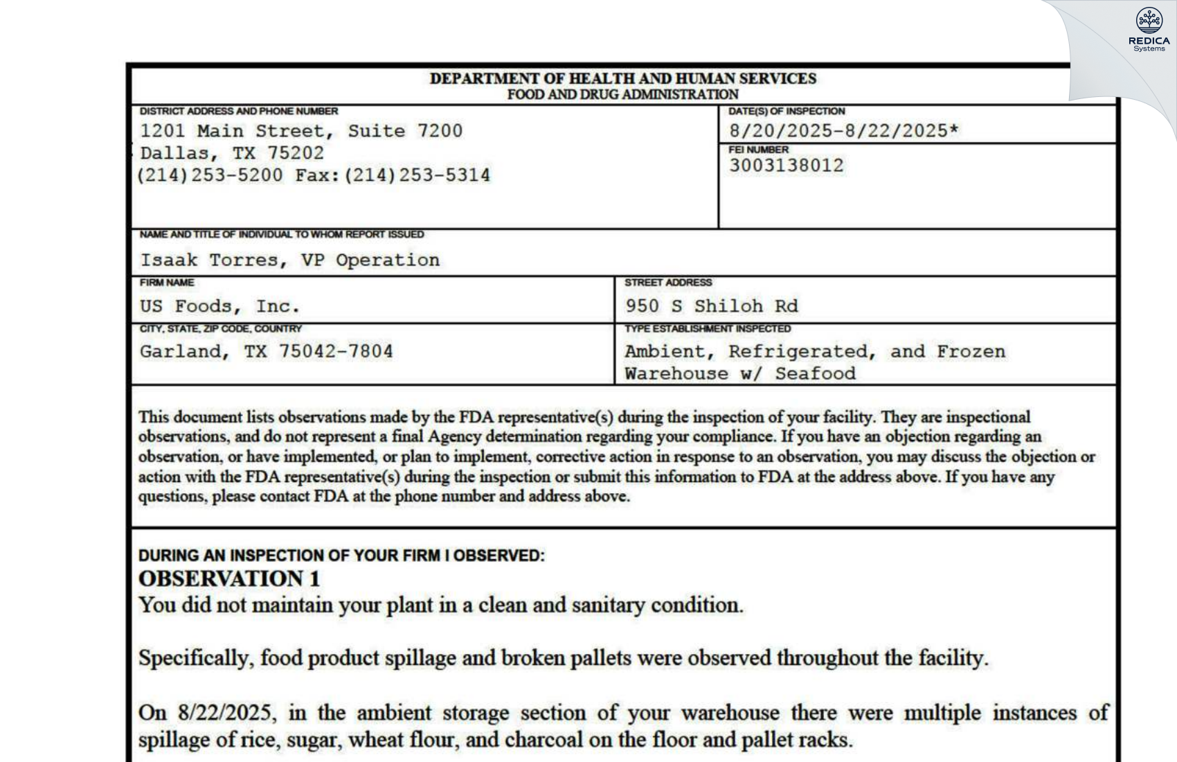 FDA 483 - US Foods, Inc. [Garland / United States of America] - Download PDF - Redica Systems