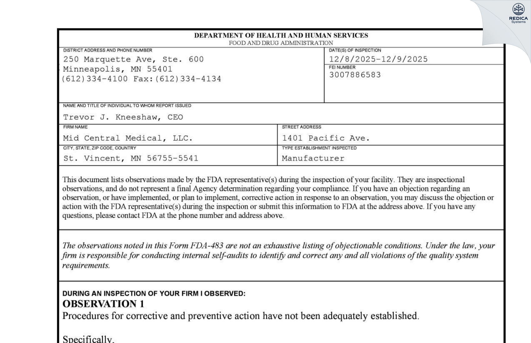 FDA 483 - MID CENTRAL MEDICAL [Saint Vincent / United States of America] - Download PDF - Redica Systems
