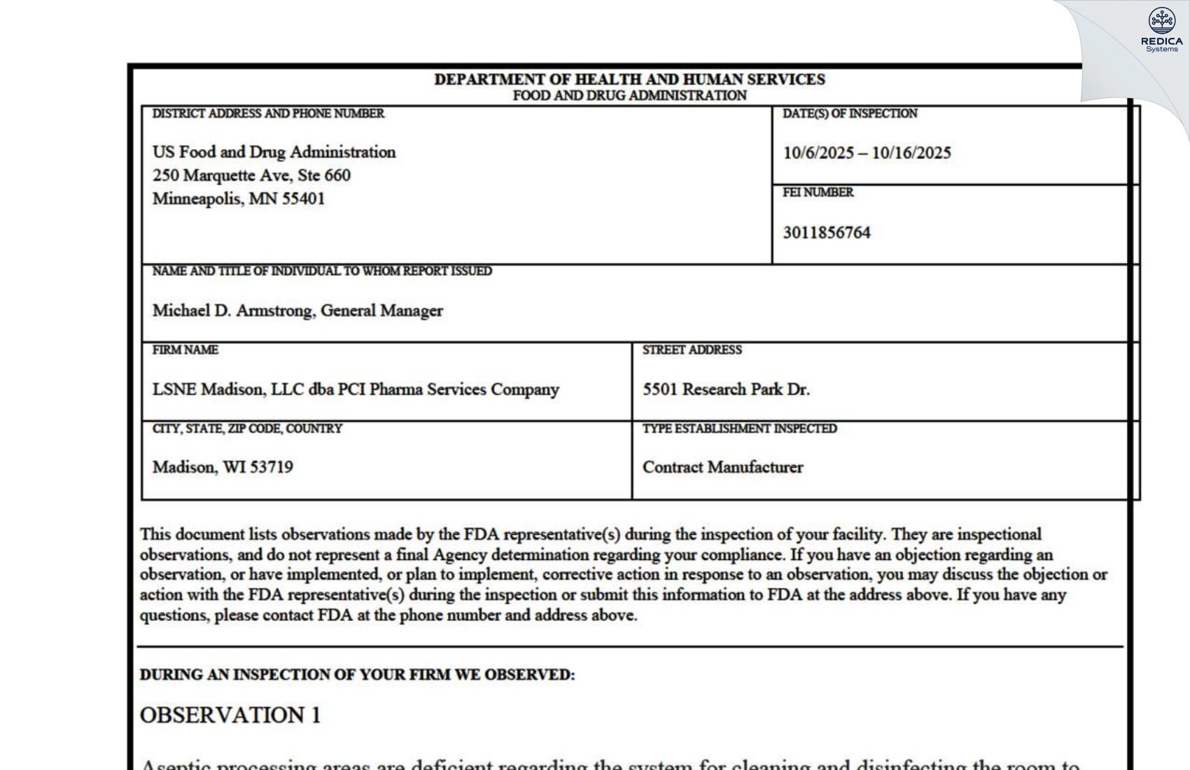 FDA 483 - LSNE-Madison, LLC [Madison / United States of America] - Download PDF - Redica Systems