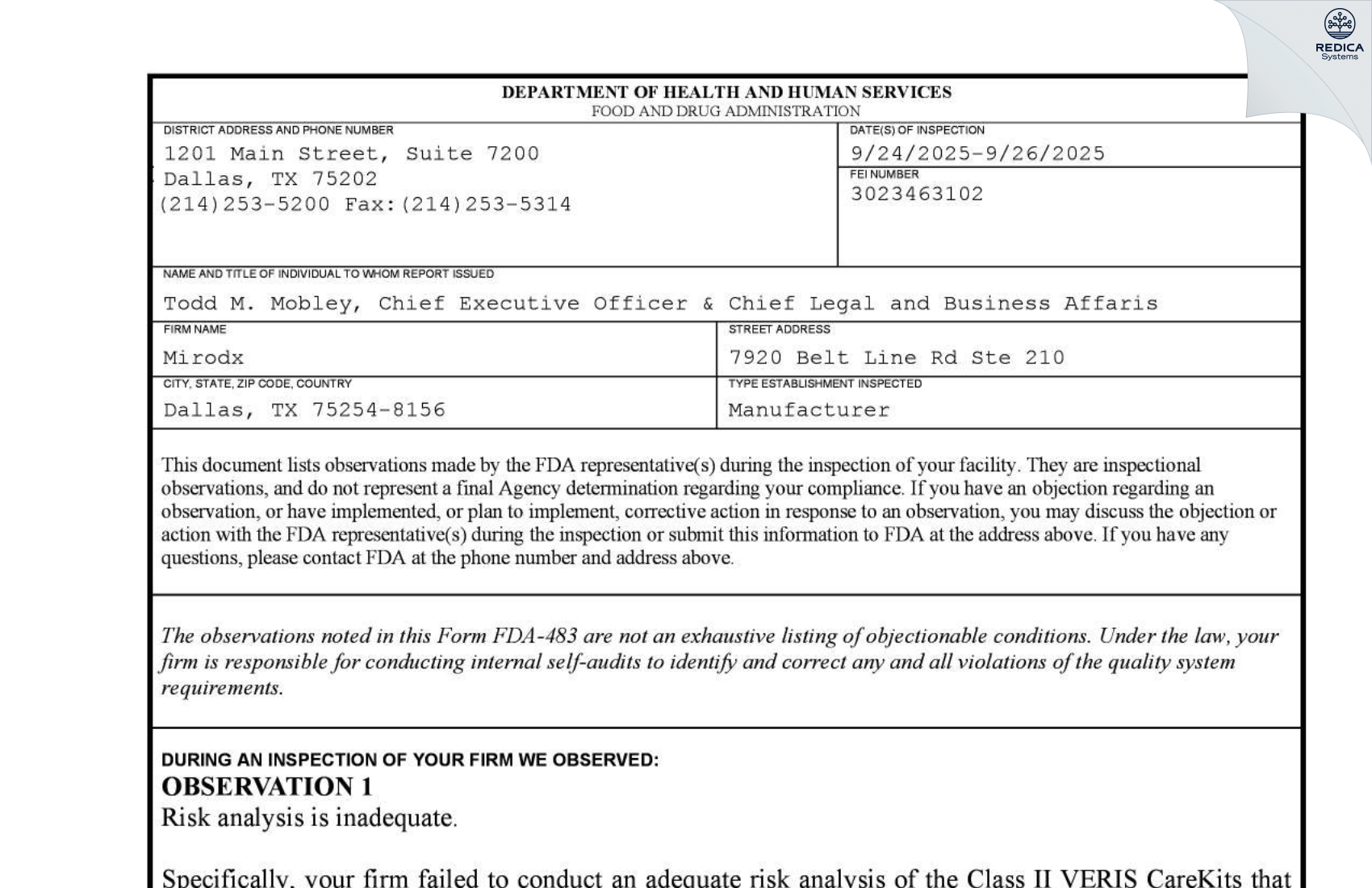 FDA 483 - MIRODX [Dallas / United States of America] - Download PDF - Redica Systems