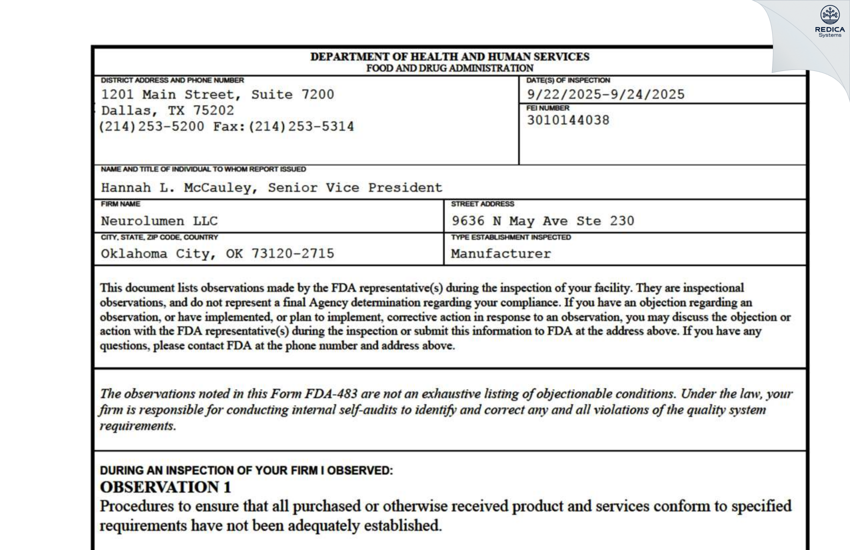 FDA 483 - Neurolumen LLC [Oklahoma City / United States of America] - Download PDF - Redica Systems