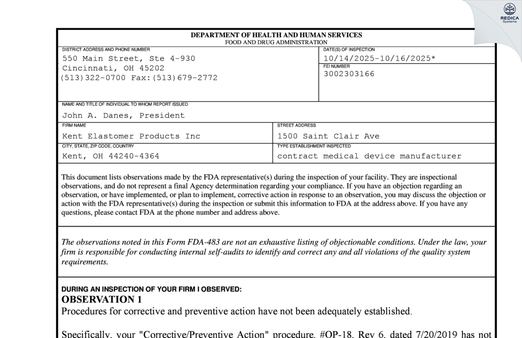 FDA 483 - KENT ELASTOMER PRODUCTS, INC. [Kent / United States of America] - Download PDF - Redica Systems