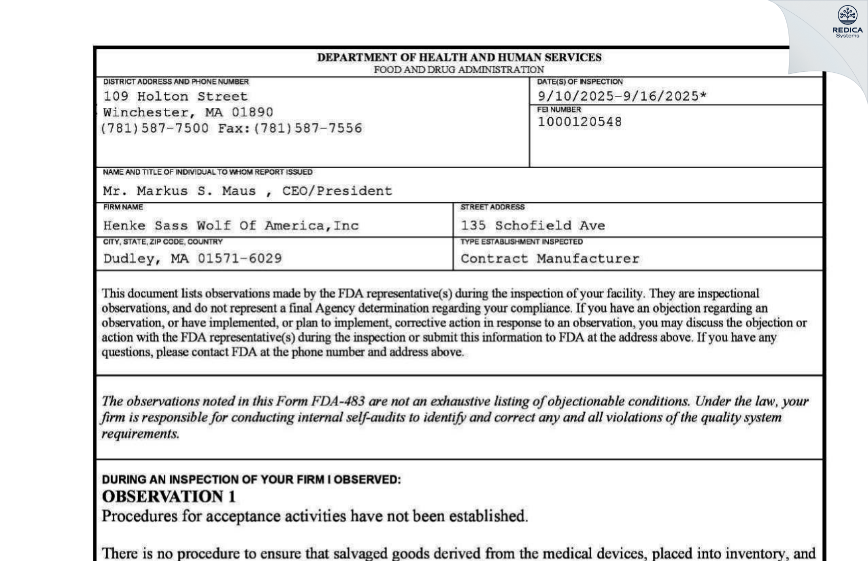 FDA 483 - Henke Sass Wolf Of America,Inc [Dudley / United States of America] - Download PDF - Redica Systems