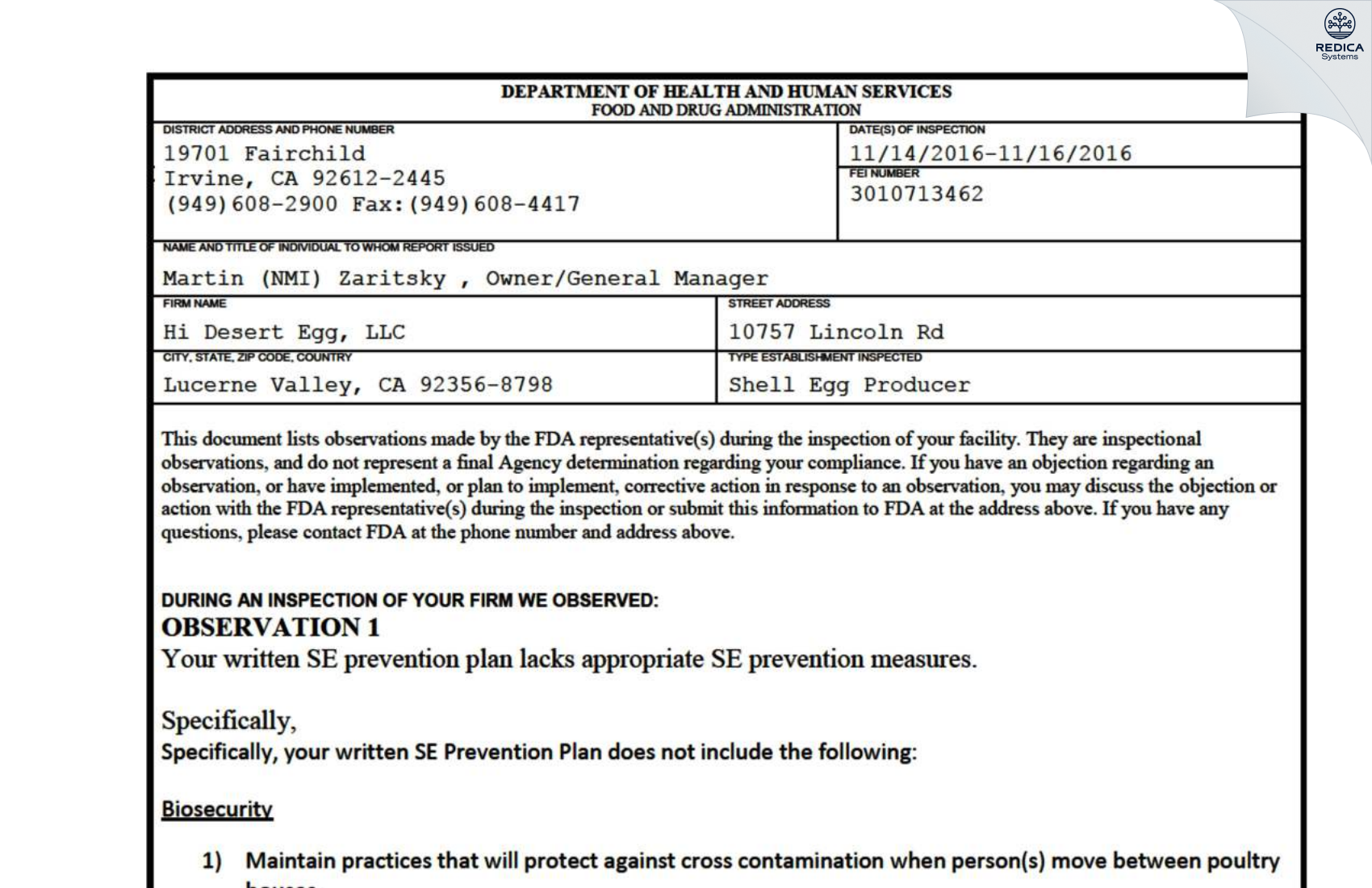 FDA 483 - Hi Desert Egg, LLC [Lucerne Valley / United States of America] - Download PDF - Redica Systems