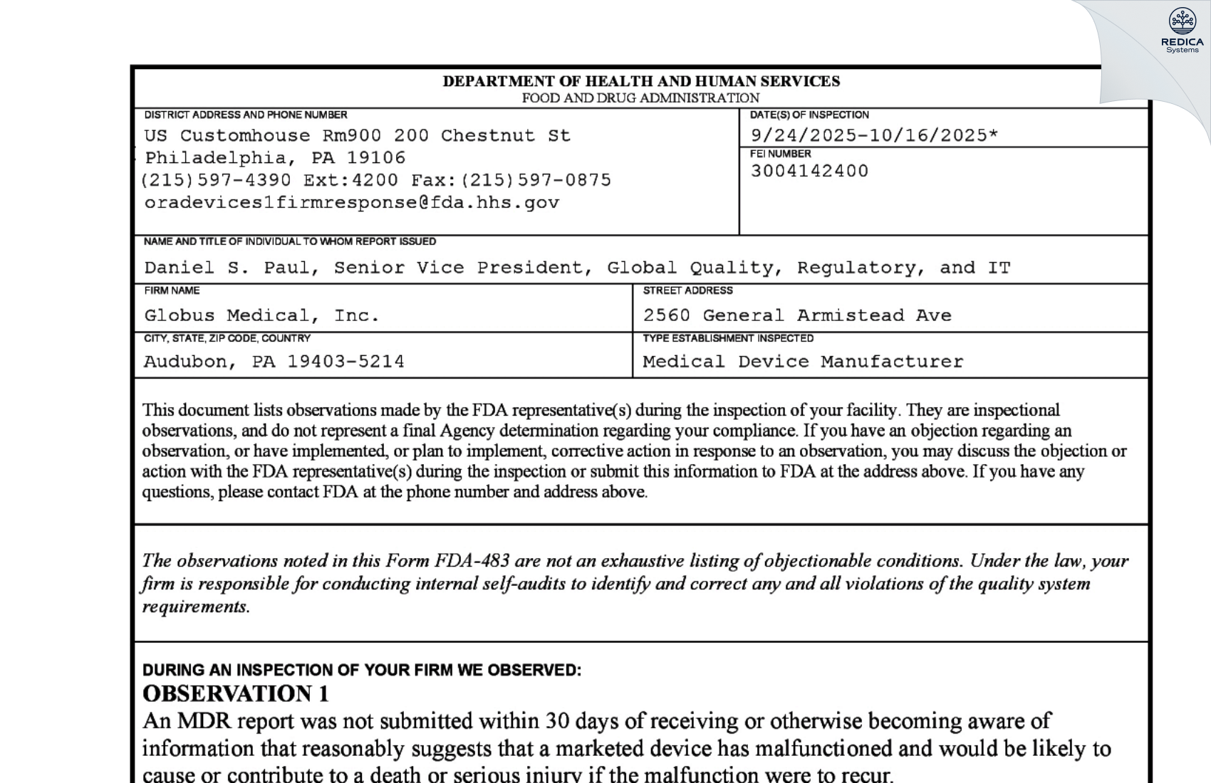 FDA 483 - Globus Medical, Inc. [West Norriton / United States of America] - Download PDF - Redica Systems