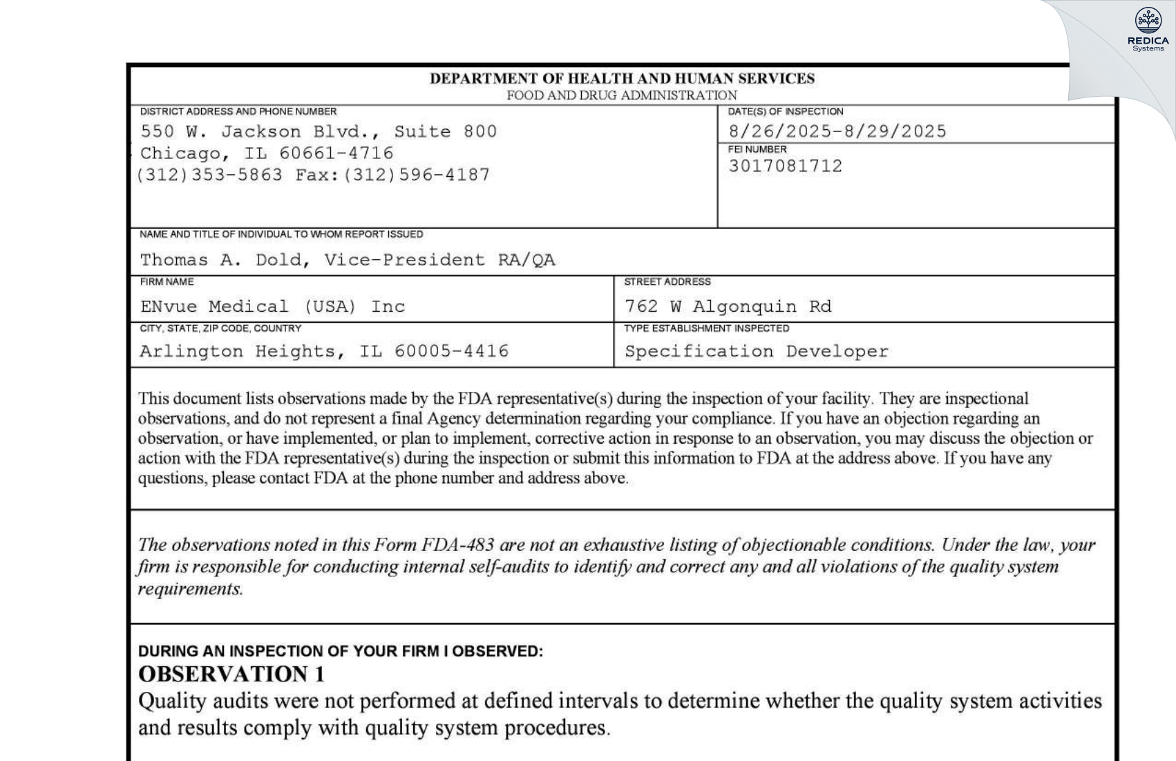 FDA 483 - ENvizion Medical Inc. [Arlington Heights / United States of America] - Download PDF - Redica Systems