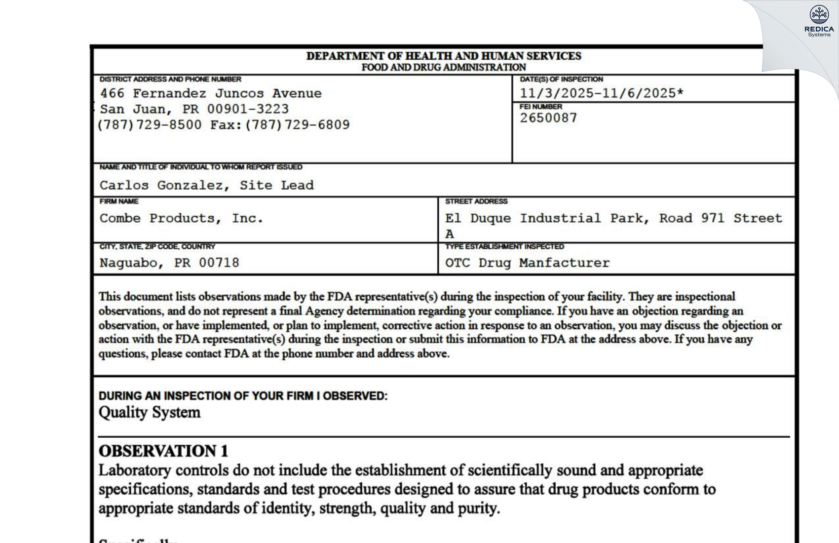 FDA 483 - Combe Products, Inc. [Duque / Puerto Rico] - Download PDF - Redica Systems