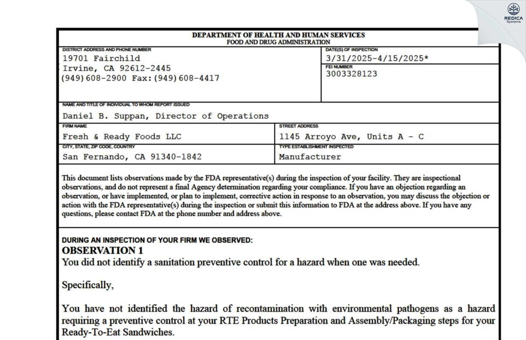 FDA 483 - Fresh & Ready Foods LLC [San Fernando / United States of America] - Download PDF - Redica Systems