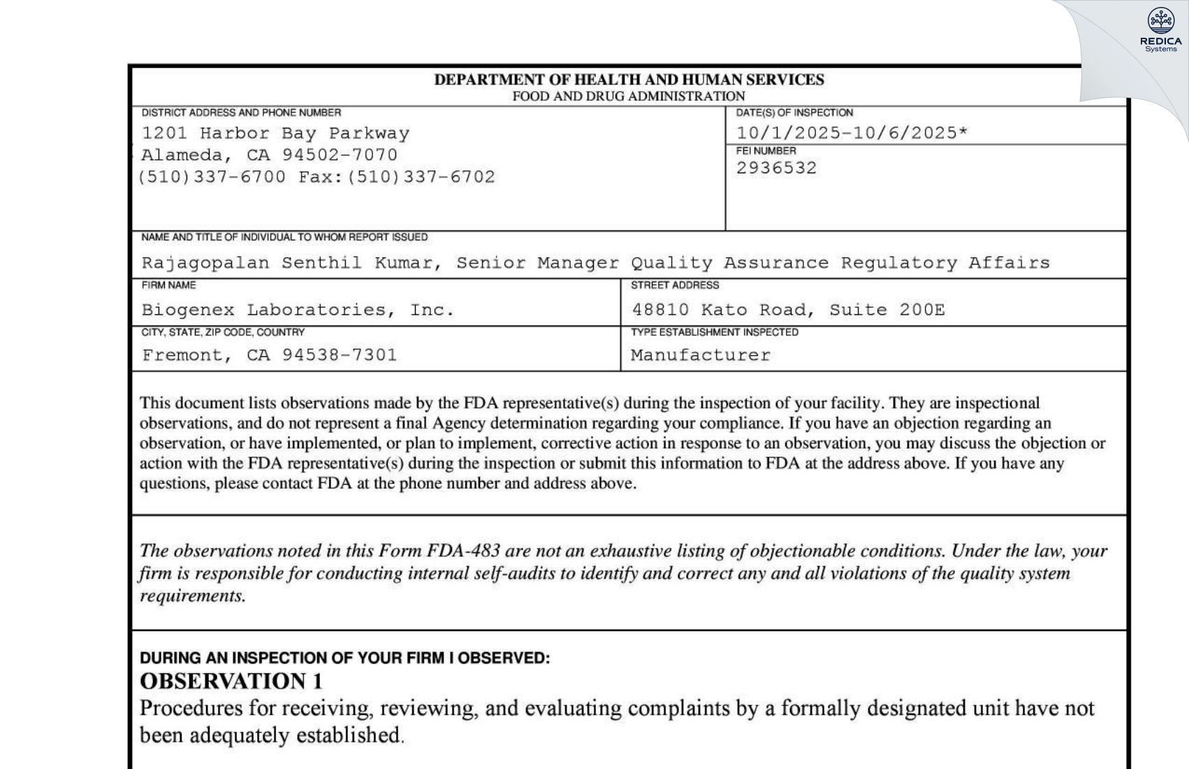 FDA 483 - Lumasense Technologies, Inc. [Santa Clara / United States of America] - Download PDF - Redica Systems