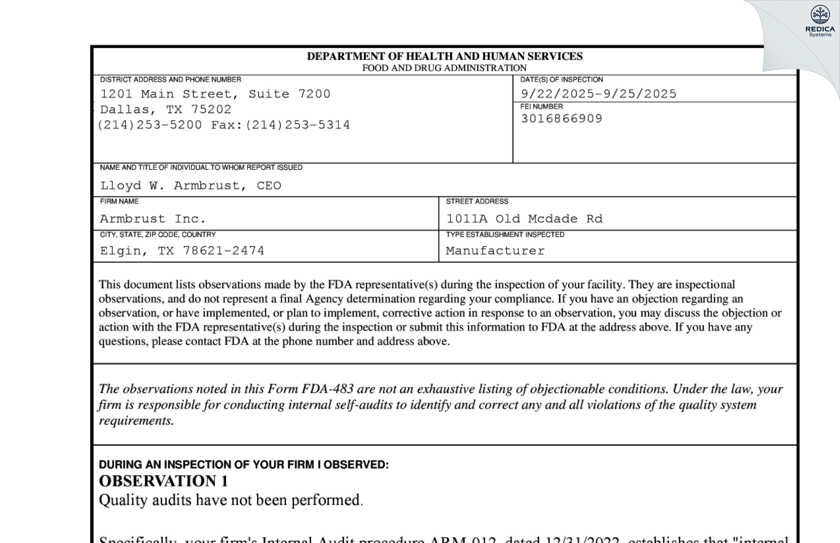 FDA 483 - ARMBRUST INC. [Elgin / United States of America] - Download PDF - Redica Systems