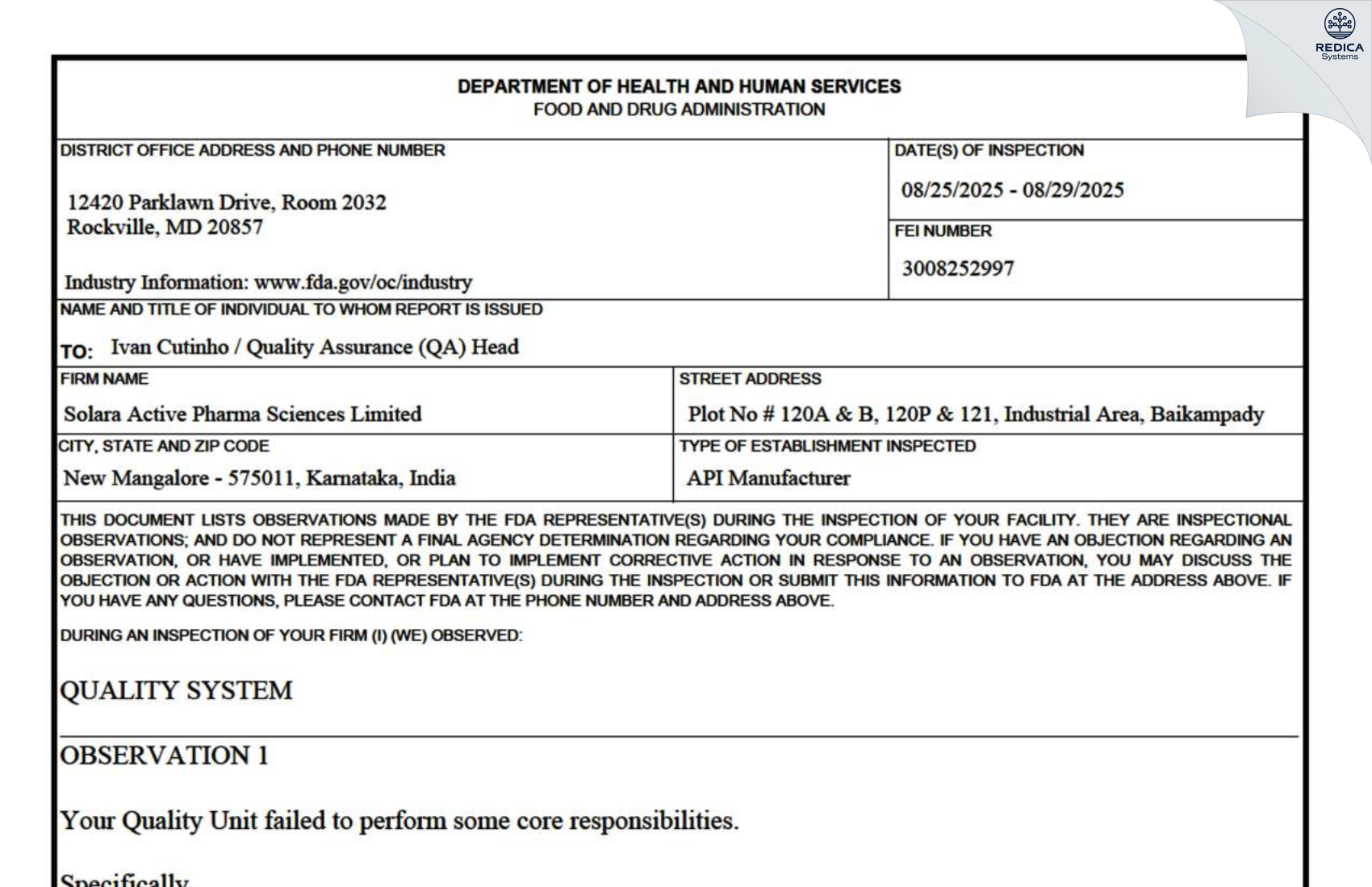 FDA 483 - SOLARA ACTIVE PHARMA SCIENCES LIMITED [Mangaluru / India] - Download PDF - Redica Systems