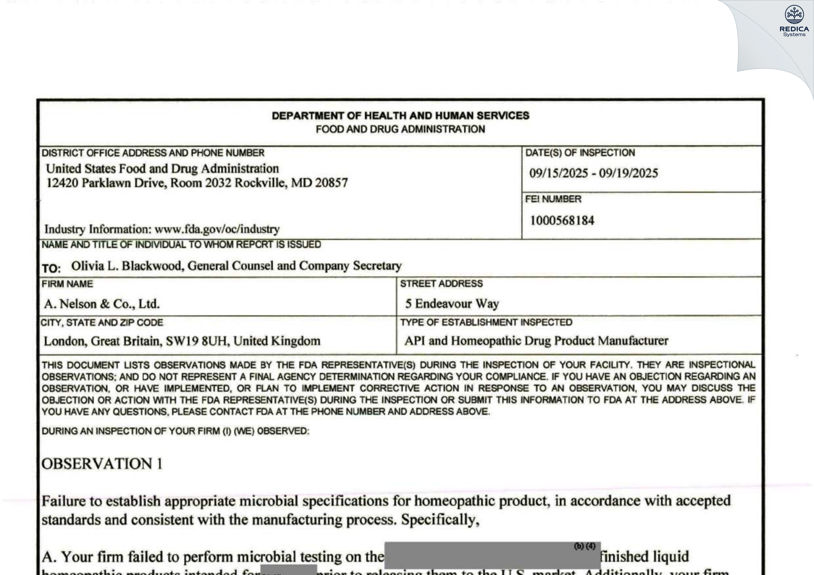 FDA 483 - A. Nelson & Co. Ltd. [London / United Kingdom of Great Britain and Northern Ireland] - Download PDF - Redica Systems