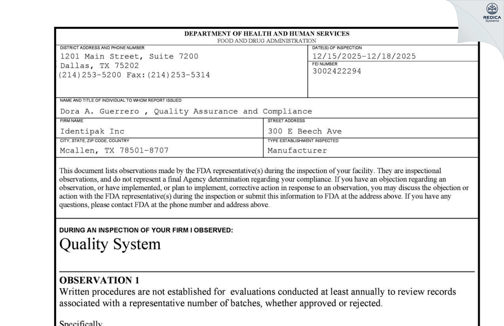 FDA 483 - Identipak, Inc. [Mcallen / United States of America] - Download PDF - Redica Systems