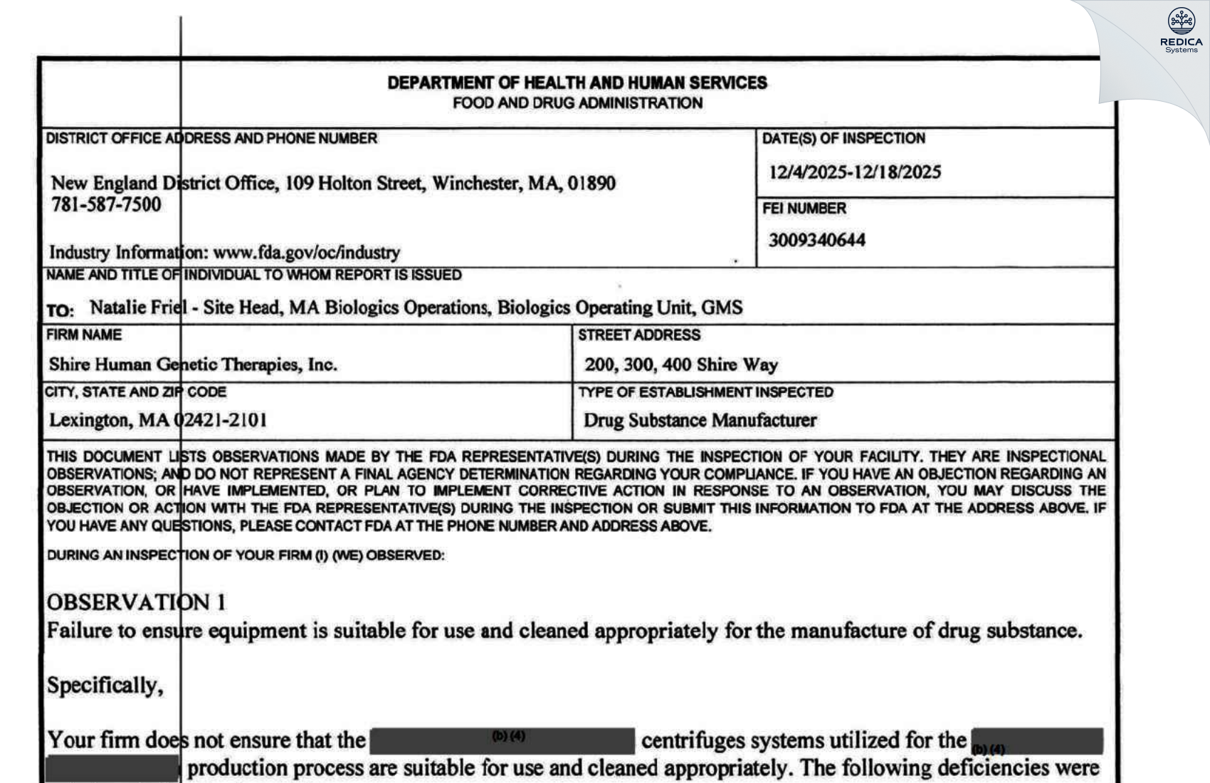 FDA 483 - Shire Human Genetic Therapies, Inc. [Lexington / United States of America] - Download PDF - Redica Systems