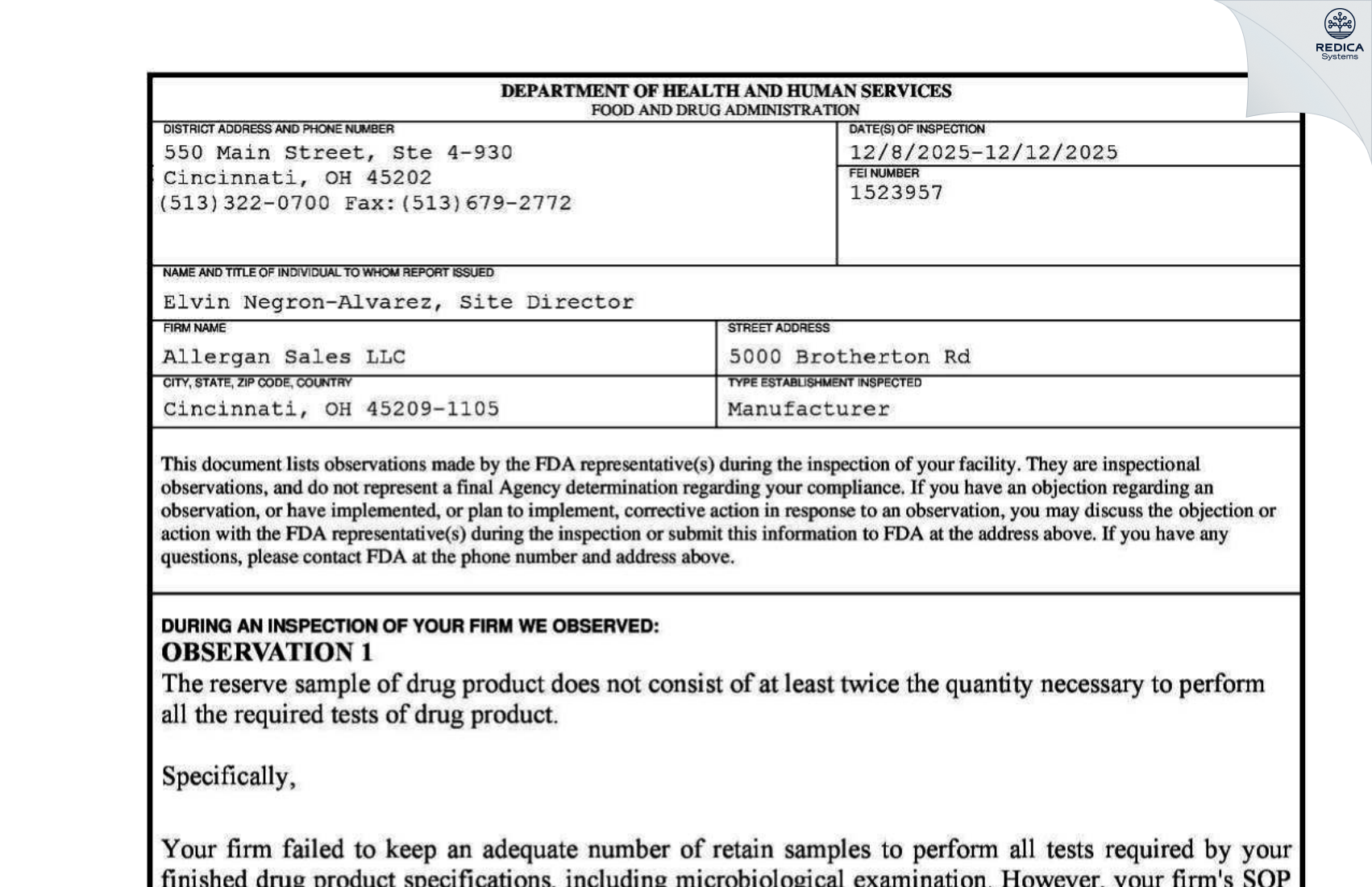 FDA 483 - Allergan Sales, LLC [Cincinnati / United States of America] - Download PDF - Redica Systems
