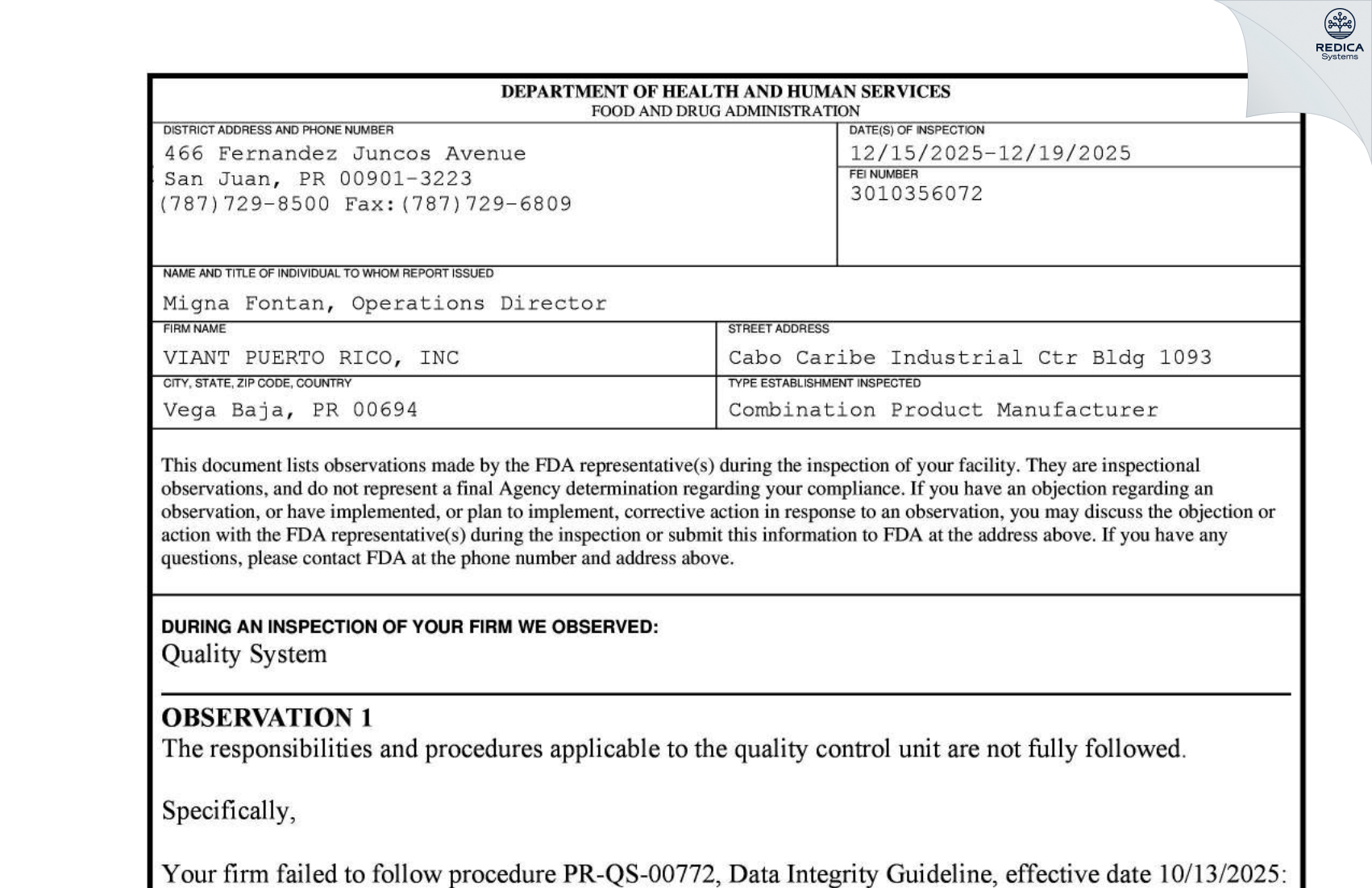 FDA 483 - VIANT PUERTO RICO, INC. [Mayagüez / Puerto Rico] - Download PDF - Redica Systems