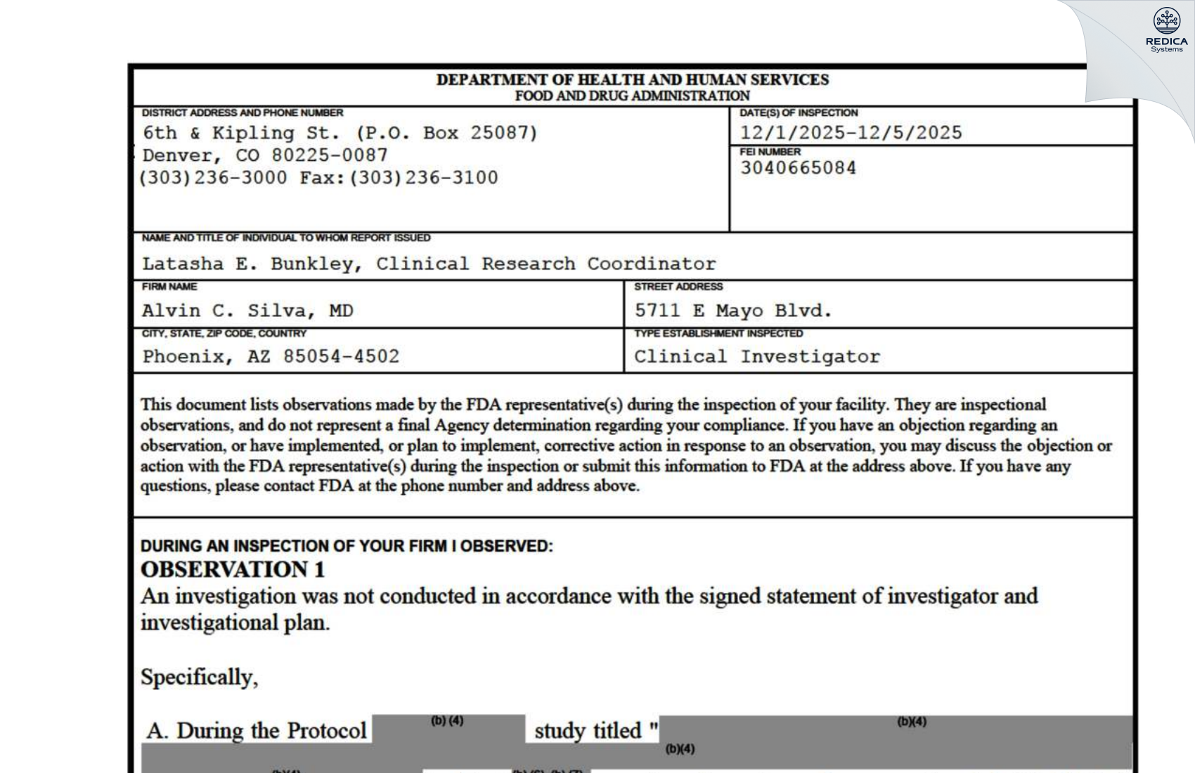 FDA 483 - Alvin C. Silva, MD [Phoenix / United States of America] - Download PDF - Redica Systems