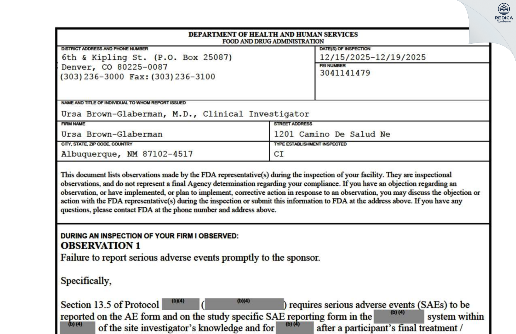 FDA 483 - Ursa Brown-Glaberman [Albuquerque / United States of America] - Download PDF - Redica Systems