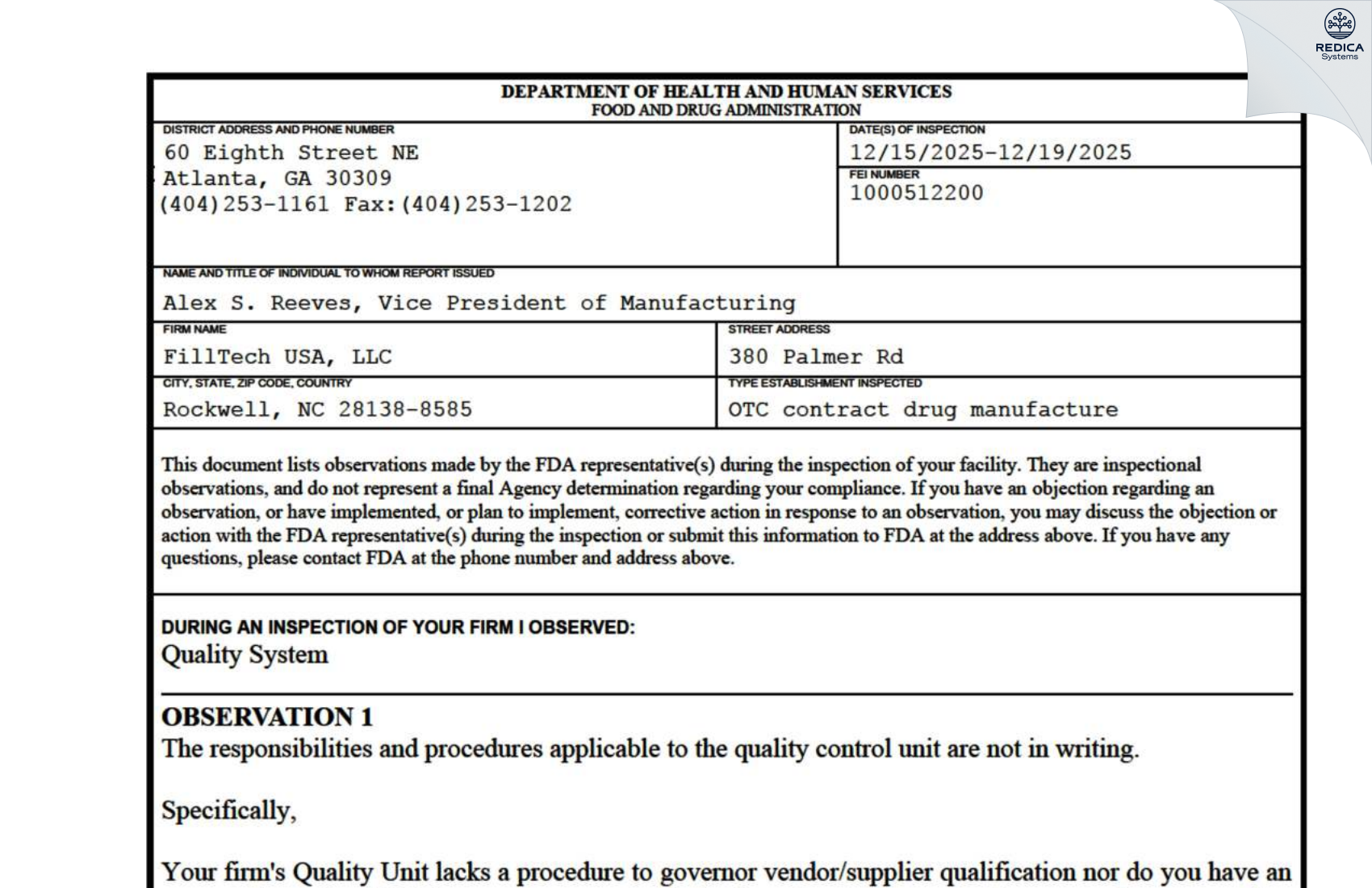 FDA 483 - Filltech USA, LLC [Rockwell / United States of America] - Download PDF - Redica Systems