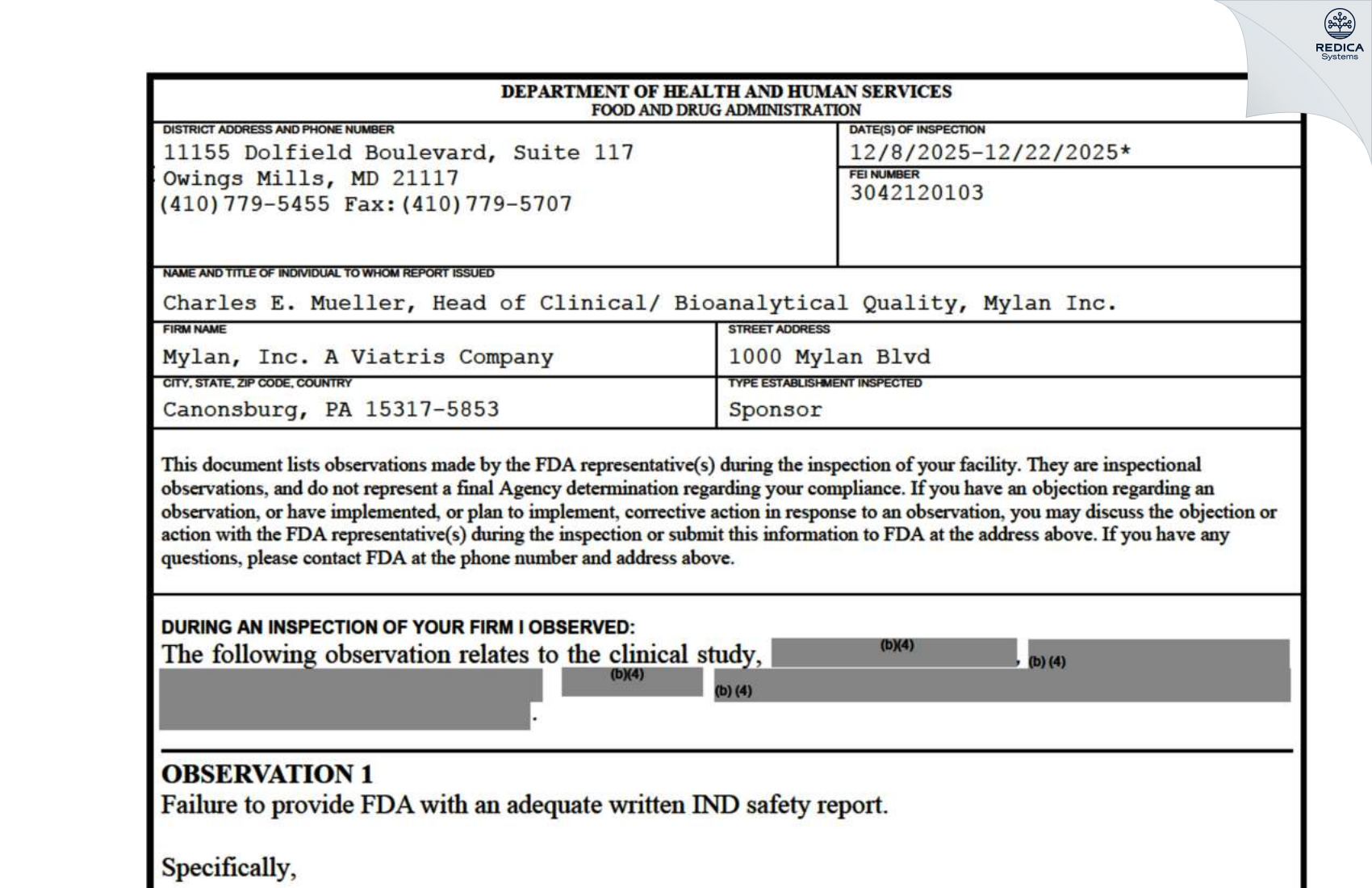FDA 483 - Mylan, Inc. A Viatris Company [Canonsburg / United States of America] - Download PDF - Redica Systems